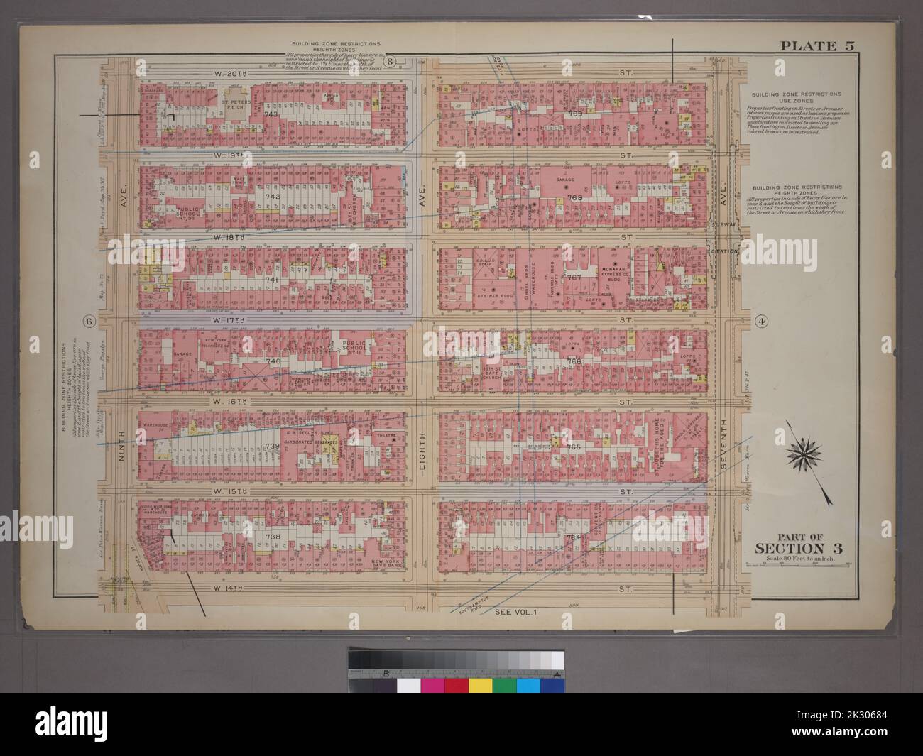 Kartografisch, Karten. 1920. Lionel Pincus und Prinzessin Firyal Map Division. Manhattan (New York, N.Y.), Immobilien , New York (Bundesstaat) , New York, New York (N.Y.) Tafel 5, Teil von Abschnitt 3: Begrenzt durch W. 20. Street, Seventh Avenue, W. 14. Street und Ninth Avenue. Stockfoto