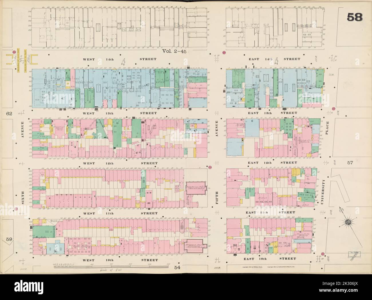 Kartografisch, Karten. 1895. Lionel Pincus und Prinzessin Firyal Map Division. Feuerversicherung , New York (Staat), Immobilien , New York (Staat), Städte & Orte , New York (Staat) Manhattan, V. 3, Doppelseite Plate No. 58 Karte begrenzt durch E. 14. St., University Pl., E. 10. St., W. 10. St., 6. Ave., W. 14. St. Stockfoto