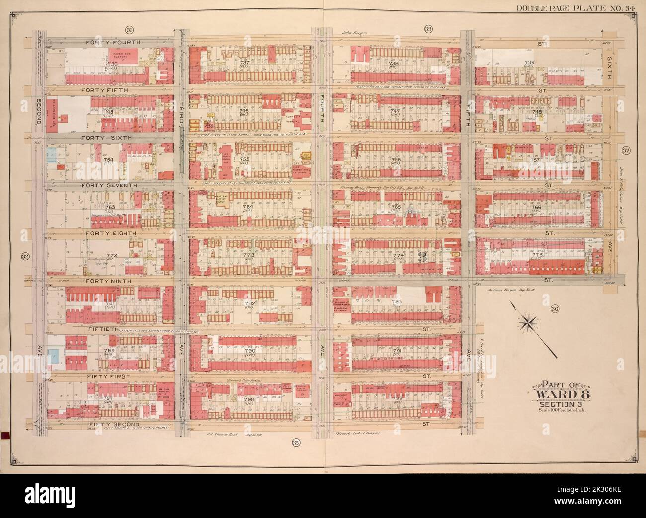 E.B. Hyde & Co. Kartografisch, Karten. 1903 - 1907. Lionel Pincus und Princess Firyal Map Division. Brooklyn (New York, New York) , Maps, Immobilien , New York (Staat) , New York Brooklyn, Vol. 1, Double Page Plate No. 34; Teil von ward 8, Abschnitt 3; Karte begrenzt durch 44. St., 6. Ave., 49. St.; einschließlich 5. Ave., 42. St., 2. Ave Stockfoto
