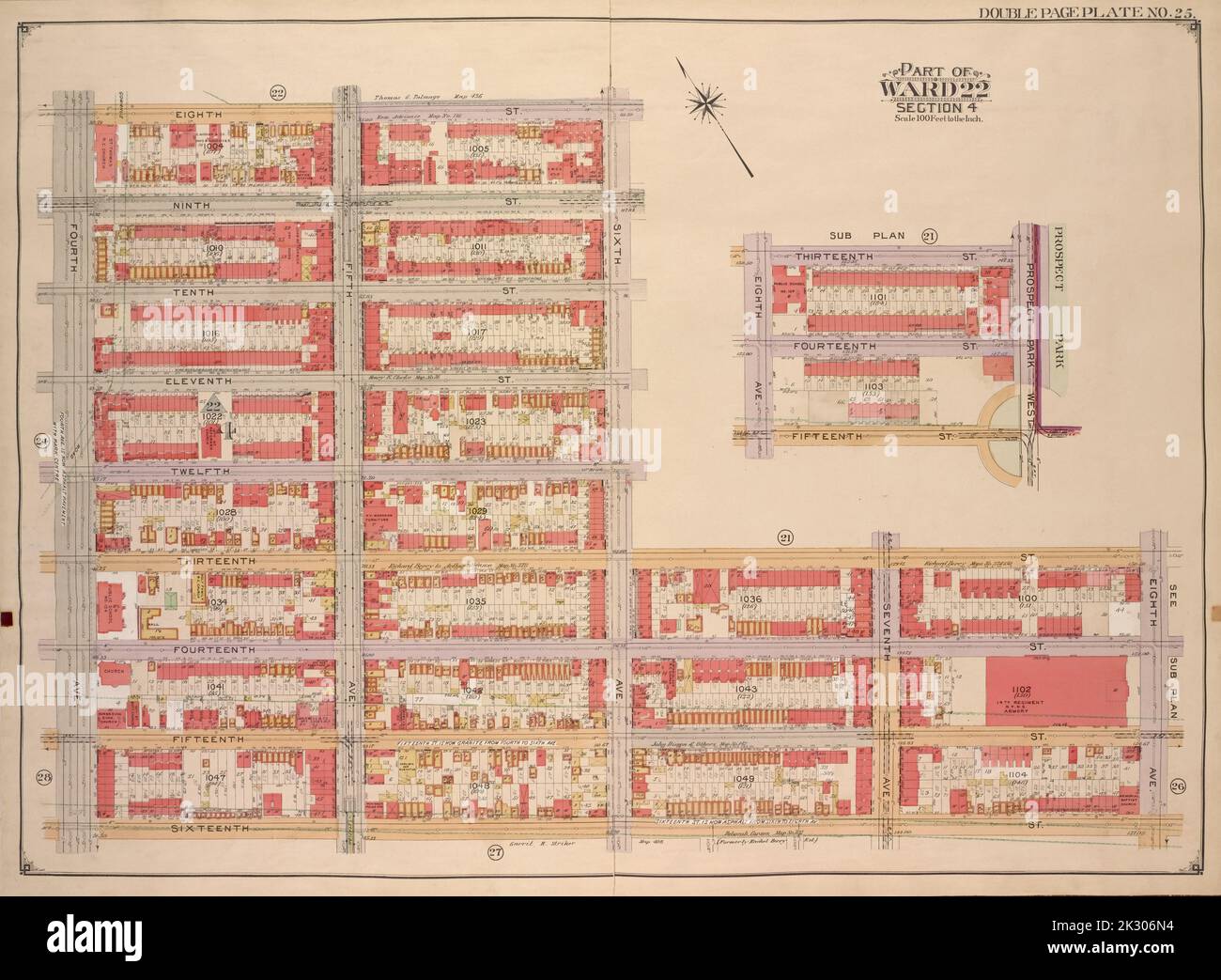 E.B. Hyde & Co. Kartografisch, Karten. 1903 - 1907. Lionel Pincus und Princess Firyal Map Division. Brooklyn (New York, New York) , Maps, Immobilien , New York (Staat) , New York Brooklyn, Vol. 1, Double Page Plate No. 25; Teil von ward 22, Abschnitt 4; Karte begrenzt durch 8. St., 6. Ave., 13. St.; einschließlich 8. Ave., 16. St., 4. Ave.; Unterplan; Karte begrenzt durch 8. Ave., 13. St.; einschließlich 14. St., Prospect Park West Stockfoto