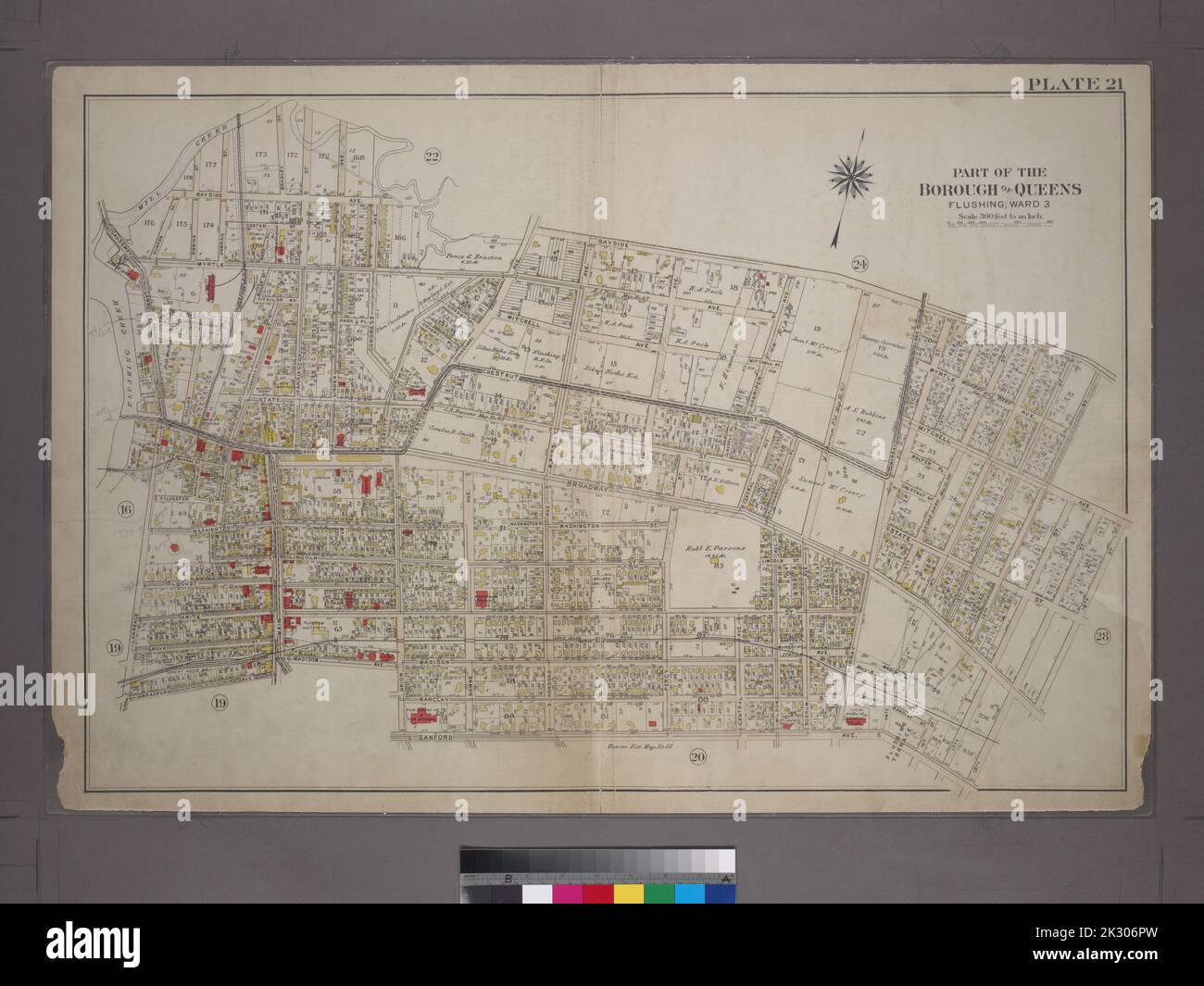 Kartographie, Karten, Katasterkarten. 1909. Lionel Pincus und Prinzessin Firyal Map Division. Queens (New York, N.Y.), New York (N.Y.), Immobilien Platte 21: Begrenzt durch (Mill Creek) Bayside Avenue, Congress Avenue, Myrtle Avenue, Whitestone Avenue, Bayside Avenue, 16. Street, Mitchell Avenue, 19. Street, Broadway, 18. Street, Sanford Avenue, Union Street, Madison Avenue, Main Street, Bradford Avenue, Lawrence Avenue und Clinton Avenue. Teil des Bezirks Queens, Flushing, ward 3. Stockfoto