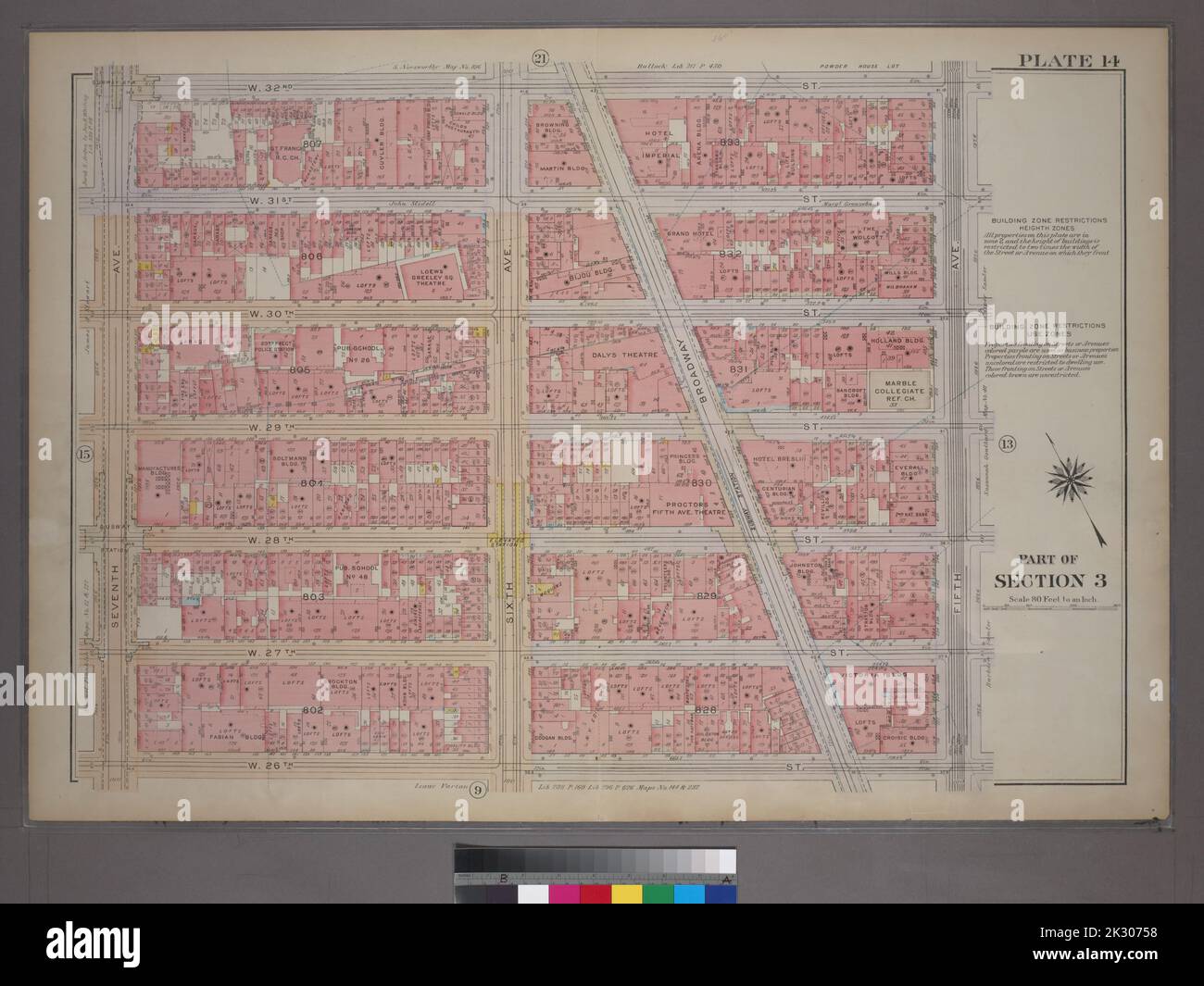 Kartografisch, Karten. 1920. Lionel Pincus und Prinzessin Firyal Map Division. Manhattan (New York, N.Y.), Immobilien , New York (Bundesstaat) , New York, New York (N.Y.) Platte 14, Teil von Abschnitt 3: Begrenzt durch W. 32. Street, Fifth Avenue, W. 26. Street und Seventh Avenue. Stockfoto