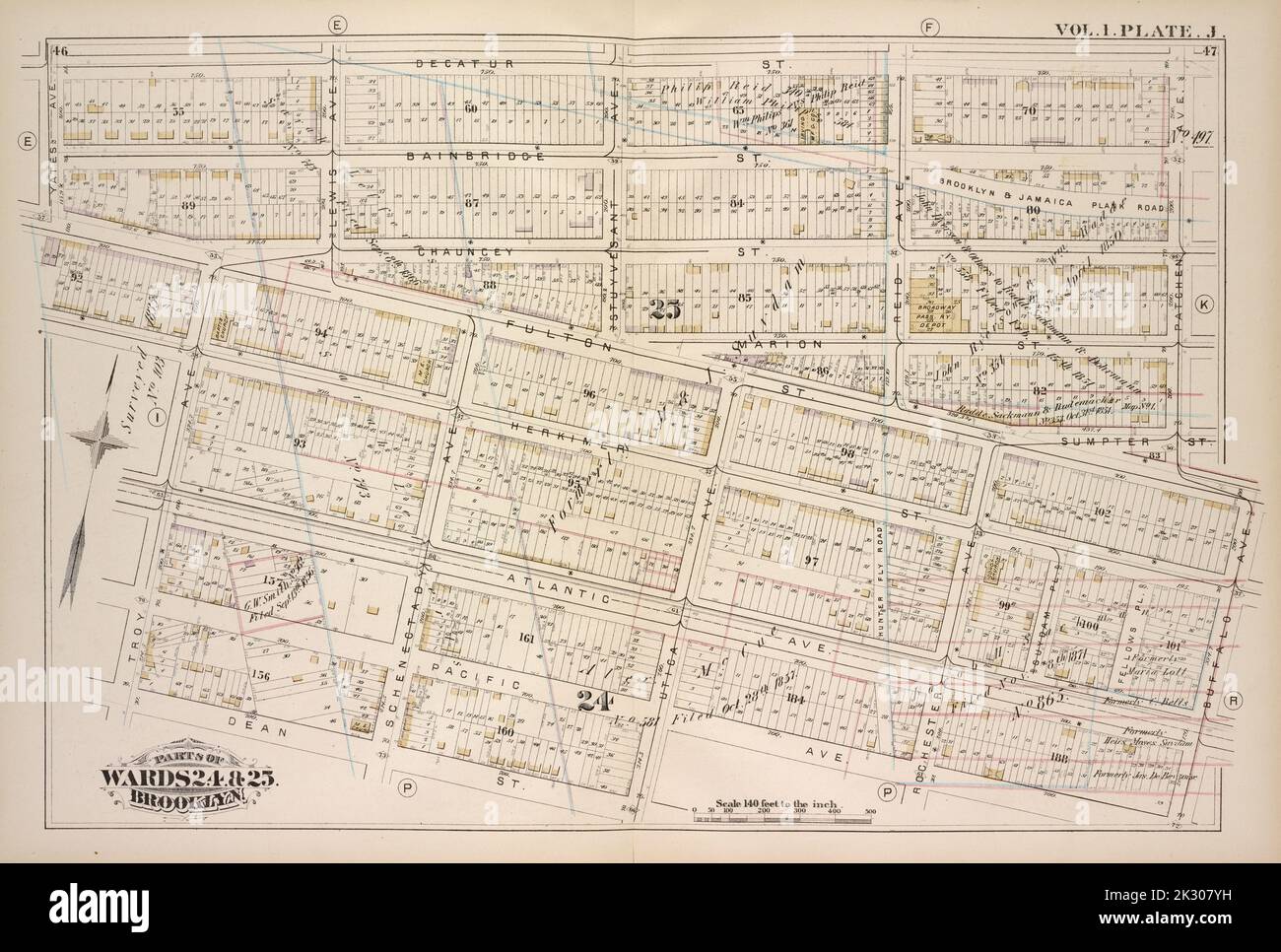Kartografisch, Karten. 1880. Lionel Pincus und Prinzessin Firyal Map Division. Brooklyn (New York, N.Y.), Immobilien , New York (Bundesstaat) , New York Vol. 1. Plate, J. Karte in Richtung Decatur St., Patchen Ave., Buffalo Ave., Pacific Ave., Dean St., Troy Ave., Yates Ave.; Einschließlich Bainbridge St., Chauncey, Marion St., Sumpter St., Fulton St., Herkimer St., Atlantic Ave., Pacific Ave., Lewis Ave., Schenectady Ave., Stuyvesant Ave., Utica Ave., Reid Ave., Rochester Ave., Suydam Pl., Fellows Pl. Stockfoto