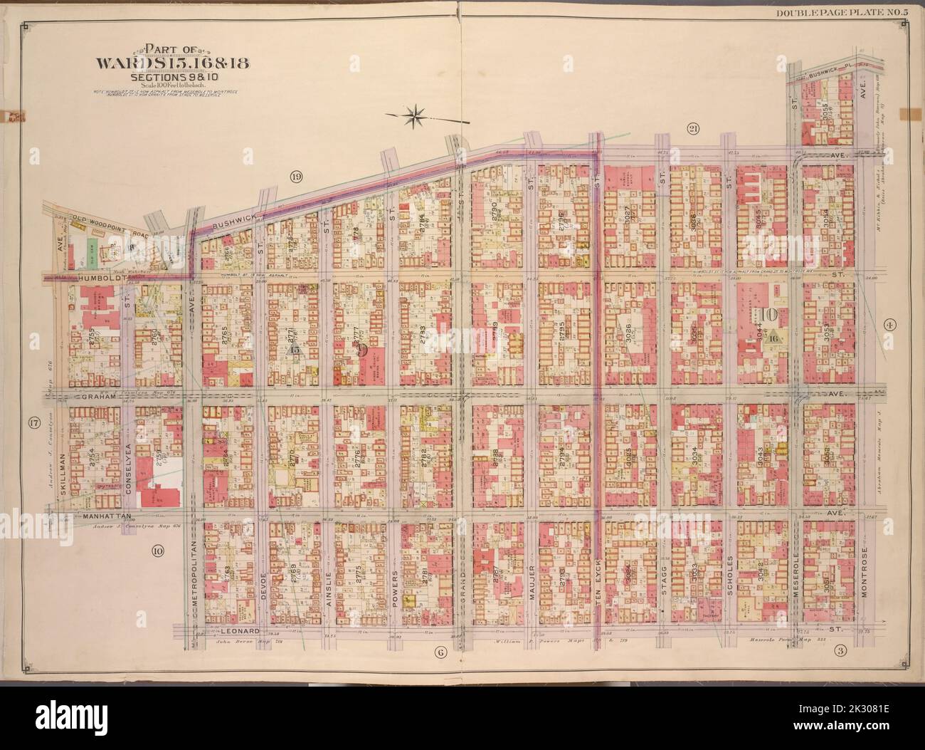 E.B. Hyde & Co. Kartografisch, Karten. 1904 - 1912. Lionel Pincus und Princess Firyal Map Division. Brooklyn (New York, New York) , Maps, Immobilien , New York (Staat) , New York Brooklyn, Vol. 3, Doppelseitenplatte Nr. 5; Teil der Bezirke 15, 16 & 18, Abschnitte 9 & 10; Karte begrenzt durch Bushwick Ave., Bushwick Pl., Montrose Ave., Leonard St.; einschließlich Metropolitan Ave., Manhattan Ave., Skillman Ave., Old Woodpoint Rd., Maspeth Ave Stockfoto