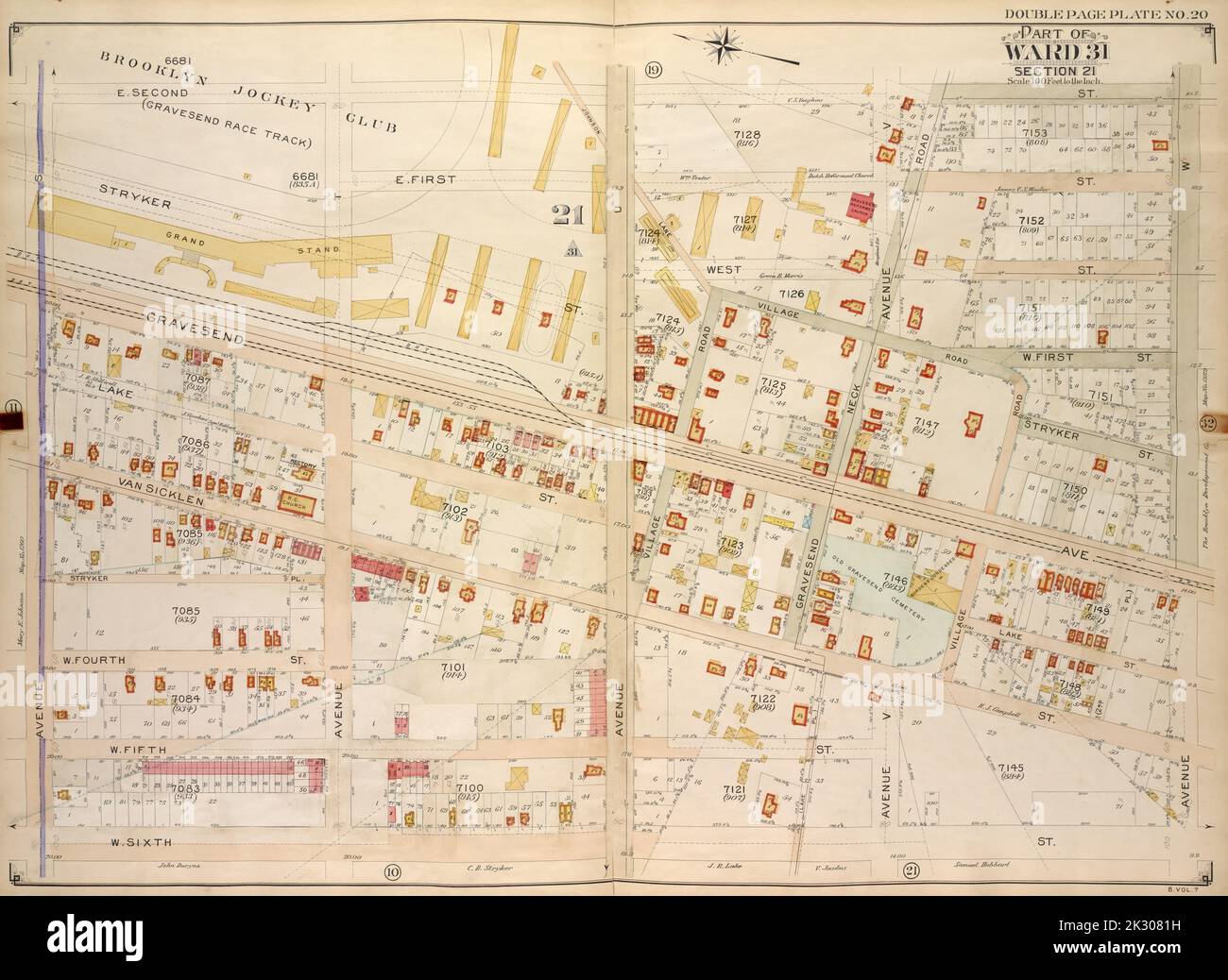 E.B. Hyde & Co. Kartografisch, Karten. 1907. Lionel Pincus und Prinzessin Firyal Map Division. Brooklyn (New York, New York) , Maps, Immobilien , New York (Bundesstaat) , New York Brooklyn, Vol. 7, Doppelseitenplatte Nr. 20; Teil von ward 31, Abschnitt 21; Karte begrenzt durch E. 2. St., Avenue W; einschließlich W. 6. St., Avenue S Stockfoto