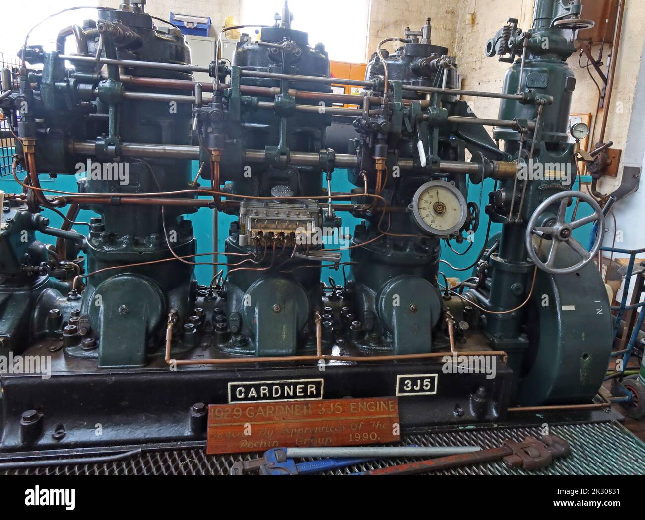 Gardner 3J5 1929 – Power Hall-Motor, zum Führen von Booten, im National Waterways Museum, South Pier Road, Ellesmere Port, England, UK, CH65 4FW Stockfoto