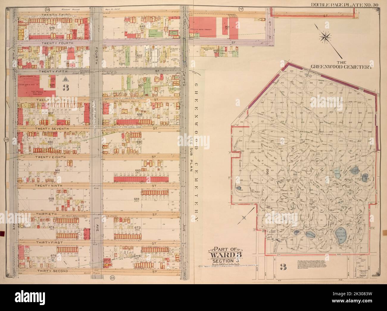 E.B. Hyde & Co. Kartografisch, Karten. 1903 - 1907. Lionel Pincus und Princess Firyal Map Division. Brooklyn (New York, New York) , Maps, Immobilien , New York (Staat) , New York Brooklyn, Vol. 1, Double Page Plate No. 30; Teil von ward 8, Abschnitt 3; Karte begrenzt durch 23. St., 6. Ave., 24. St.; einschließlich 5. Ave., 32. St., 3. Ave.; Unterplan; Karte begrenzt durch Fort Hamilton Ave., 37. St., 7. Ave., 36. St.; einschließlich 6. Ave., 4. Ave., 23. St., 20. St., 10. Ave., Gravesend Ave Stockfoto