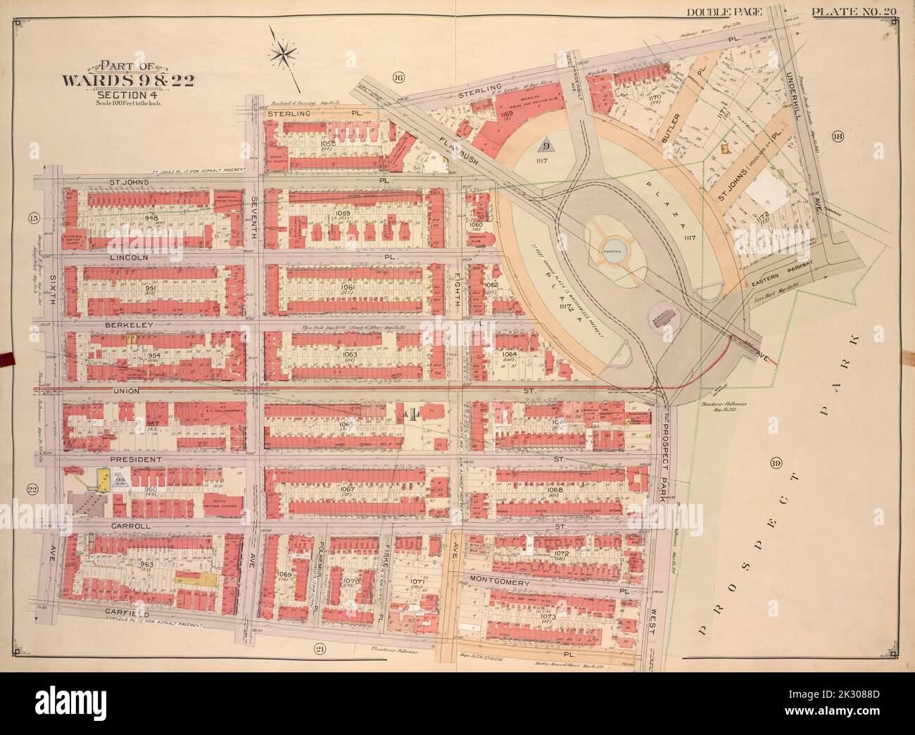 E.B. Hyde & Co. Kartografisch, Karten. 1903 - 1907. Lionel Pincus und Princess Firyal Map Division. Brooklyn (New York, New York) , Maps, Real Property , New York (State) , New York Brooklyn, Vol. 1, Double Page Plate No. 20; Teil von Wards 9 & 22, Abschnitt 4; Karte begrenzt durch Sterling Pl., Underhil Ave., Eastern Parkway, Prospect Park West; einschließlich Garfield Pl., 6. Ave., St. Johns Pl., 7. Ave., Flatbush Ave Stockfoto