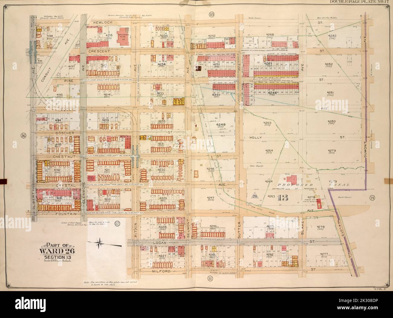 E.B. Hyde & Co. Kartografisch, Karten. 1905. Lionel Pincus und Prinzessin Firyal Map Division. Brooklyn (New York, New York) , Maps, Immobilien , New York (Staat) , New York Brooklyn, Vol. 4, Doppelseitenplatte Nr. 17; Teil von ward 26; Abschnitte 13; Karte begrenzt durch Hemlock St., Dumont Ave., New Lots Ave.; einschließlich Milford St., Pitkin Ave., Fountain Ave., Liberty Ave Stockfoto