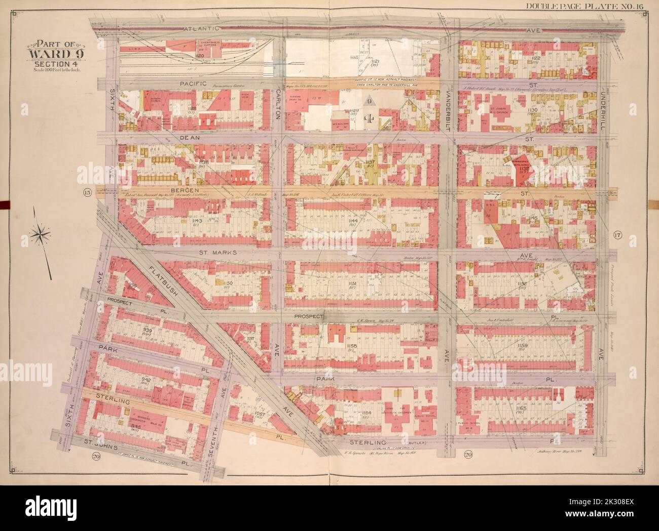 E.B. Hyde & Co. Kartografisch, Karten. 1903 - 1907. Lionel Pincus und Princess Firyal Map Division. Brooklyn (New York, New York) , Maps, Immobilien , New York (Staat) , New York Brooklyn, Vol. 1, Doppelseitenplatte Nr. 16; Teil von ward 9, Abschnitt 4; Karte begrenzt durch Atlantic Ave., Underhill Ave., Sterling Pl., St. John Pl.; einschließlich Flatbush Ave., 7. Ave, 6. Ave Stockfoto