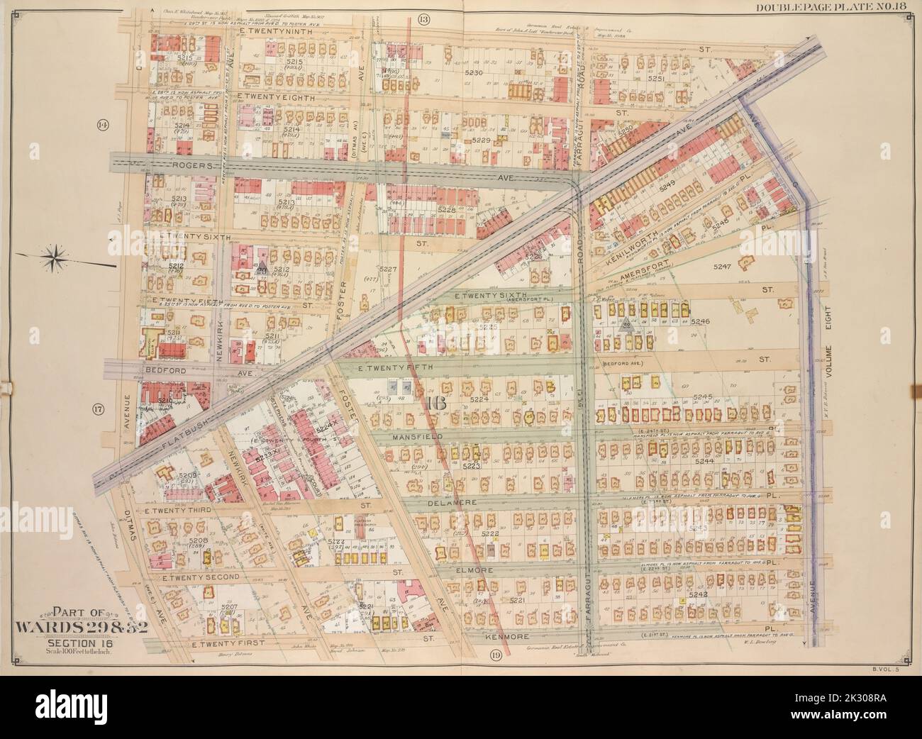 E.B. Hyde & Co. Kartografisch, Karten. 1906. Lionel Pincus und Prinzessin Firyal Map Division. Brooklyn (New York, New York) , Maps, Immobilien , New York (State) , New York Brooklyn, Vol. 5, Doppelseitenplatte Nr. 18; Teil der Wards 29 & 32, Abschnitt 16; Karte begrenzt durch E. 29. St., Avenue G, Kenmore Pl.; einschließlich E. 21. St., Ditmas Ave., Avenue D Stockfoto