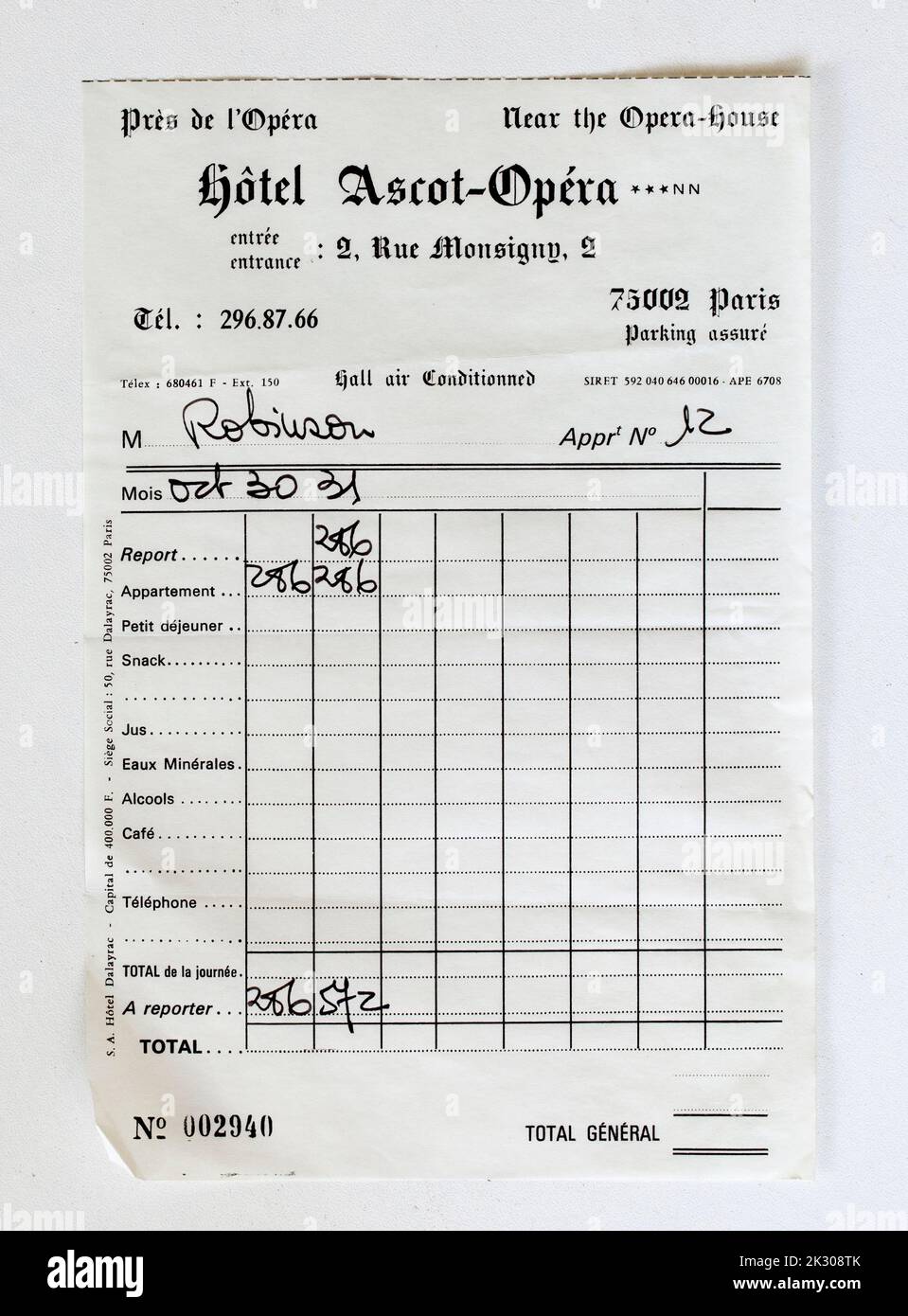 Altes Französisches Hotel Bill Paris Frankreich Stockfoto