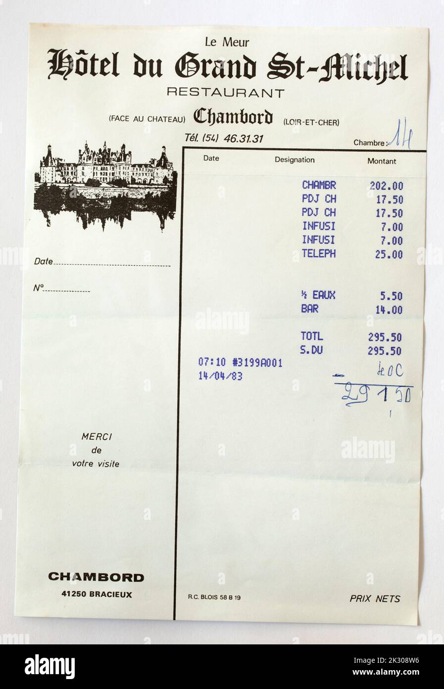 Alte 1980er Jahre Kunden französische Hotelrechnung Stockfoto