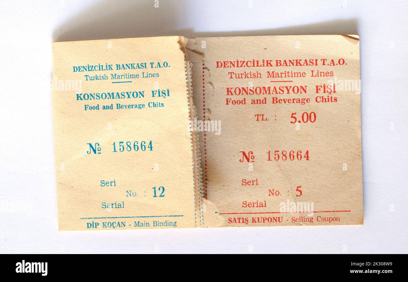 Alte 1980er Jahre Essen und Trinken Chit oder Mahlzeit Ticket von der türkischen Fähre Stockfoto