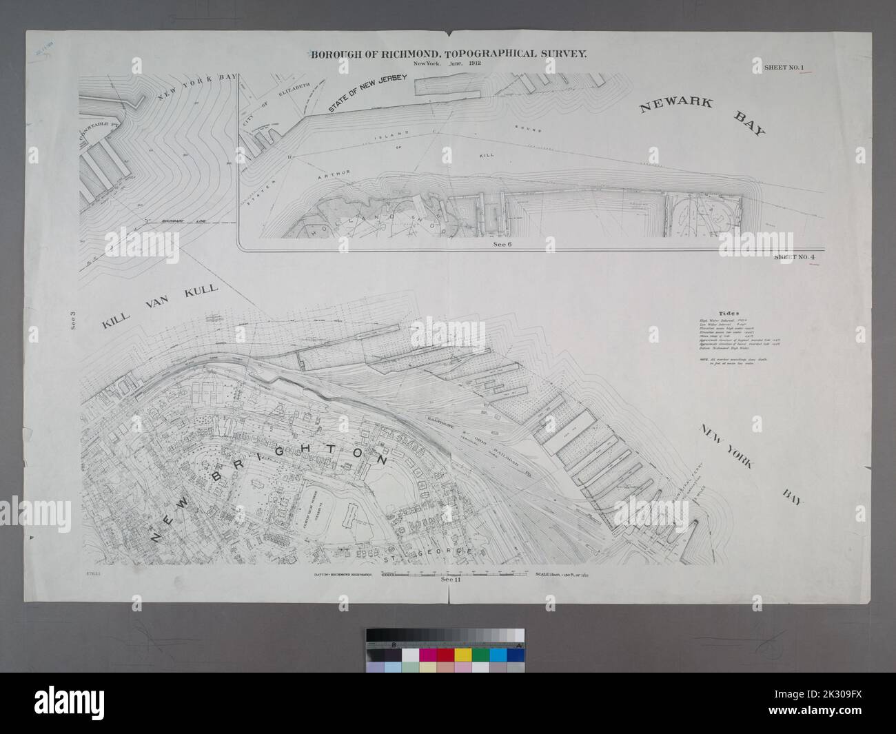 Karten, Karten, topografische Karten. 1906 - 1913. Lionel Pincus und Princess Firyal Map Division. Staten Island (New York, New York) Blatt Nr. 1 Und 4. Blatt Nr. 1: Enthält Holland Howland Hook: Blatt Nr. 4. Einschließlich Fährterminal New Brighton & St. George. Borough of Richmond, topographische Übersicht. Stockfoto