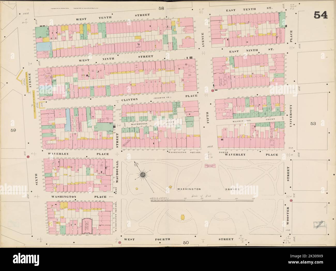 Kartografisch, Karten. 1895. Lionel Pincus und Prinzessin Firyal Map Division. Feuerversicherung , New York (Staat), Immobilien , New York (Staat), Städte & Orte , New York (Staat) Manhattan, Doppelseite Plate No. 54 Karte begrenzt durch E. 10. St., Wooster St., University Pl., W. 4. St., 6. Ave., W. 10. St. Stockfoto