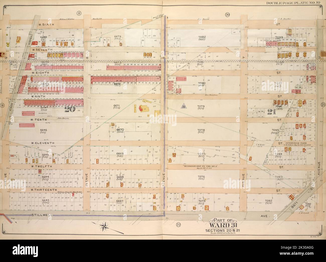 E.B. Hyde & Co. Kartografisch, Karten. 1907. Lionel Pincus und Prinzessin Firyal Map Division. Brooklyn (New York, New York) , Maps, Immobilien , New York (Bundesstaat) , New York Brooklyn, Vol. 7, Doppelseitenplatte Nr. 10; Teil von ward 31, Abschnitte 20 & 21; Karte begrenzt durch W. 6. St., Avenue U, 86. St.; einschließlich Stillwell Ave., Avenue Q Stockfoto