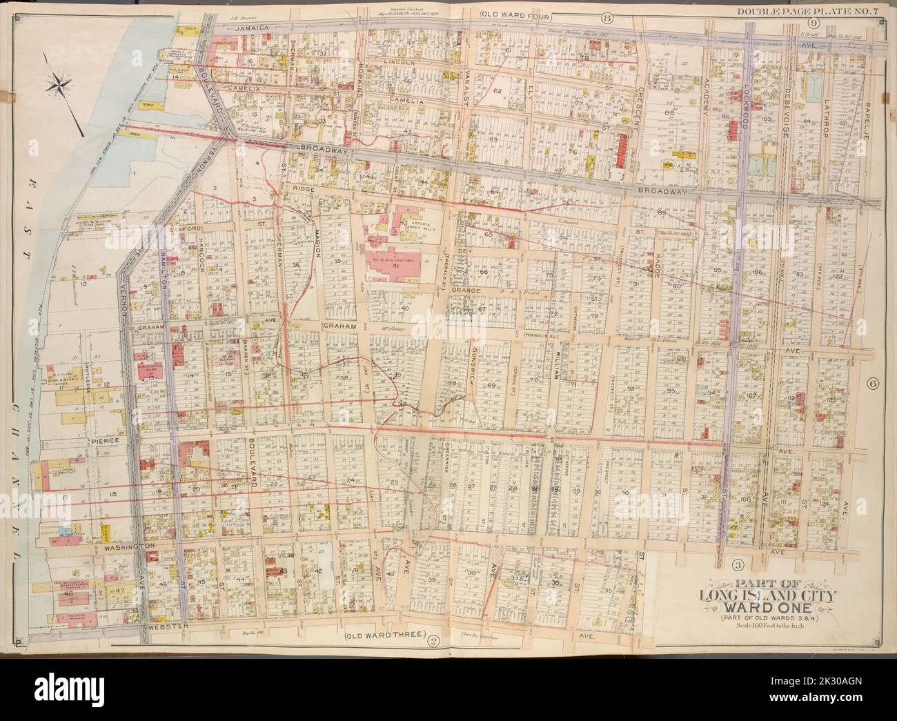 Kartografisch, Karten. 1908 - 1912. Lionel Pincus und Princess Firyal Map Division Queens, Vol. 2, Doppelseitenplatte Nr. 7; Teil Long Island City ward One (Teil der Old Wards 3 und 4); Karte begrenzt durch Jamaica Ave., Rapelje Ave. (4. Ave.); einschließlich Washington Ave., Webster Ave., East Channel. Stockfoto