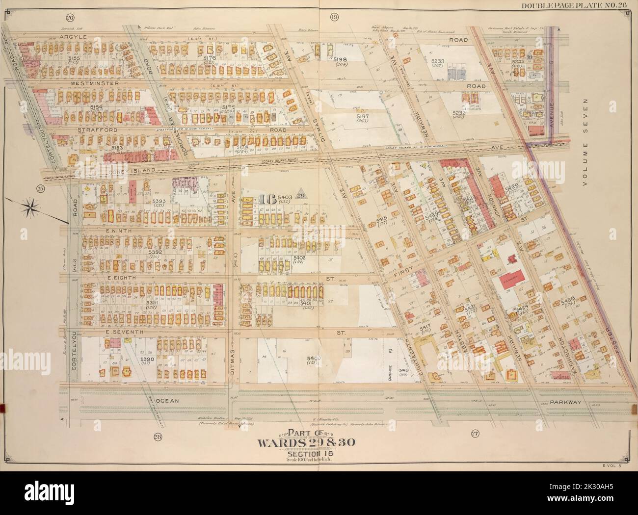 E.B. Hyde & Co. Kartografisch, Karten. 1906. Lionel Pincus und Prinzessin Firyal Map Division. Brooklyn (New York, New York) , Maps, Real Property , New York (State) , New York Brooklyn, Vol. 5, Double Page Plate No. 26; Teil der Wards 29 & 30, Abschnitt 16; Karte begrenzt durch Argyle Road, Avenue G, Foster Ave.; einschließlich Ocean Parkway, Cortelyou Road Stockfoto