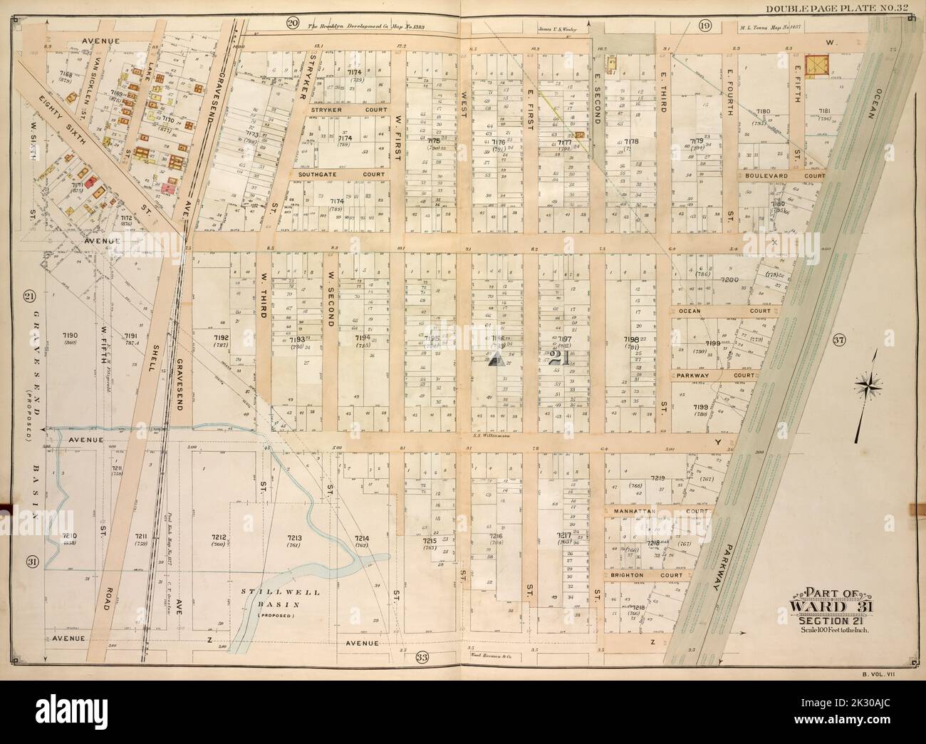 E.B. Hyde & Co. Kartografisch, Karten. 1907. Lionel Pincus und Prinzessin Firyal Map Division. Brooklyn (New York, New York) , Maps, Immobilien , New York (State) , New York Brooklyn, Vol. 7, Doppelseitenplatte Nr. 32; Teil von ward 31, Abschnitt 21; Karte begrenzt durch Avenue W, Ocean Parkway, Avenue Z; einschließlich W. 6. St., 86. St. Stockfoto