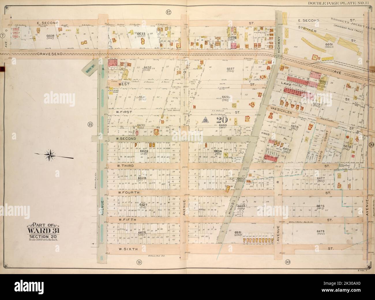 E.B. Hyde & Co. Kartografisch, Karten. 1907. Lionel Pincus und Prinzessin Firyal Map Division. Brooklyn (New York, New York) , Maps, Immobilien , New York (Staat) , New York Brooklyn, Vol. 7, Doppelseitenplatte Nr. 11; Teil von ward 31, Abschnitt 20; Karte begrenzt durch E. 2. St., Avenue S, W. 6. St.; einschließlich Avenue P, Gravesend Ave., Avenue O Stockfoto