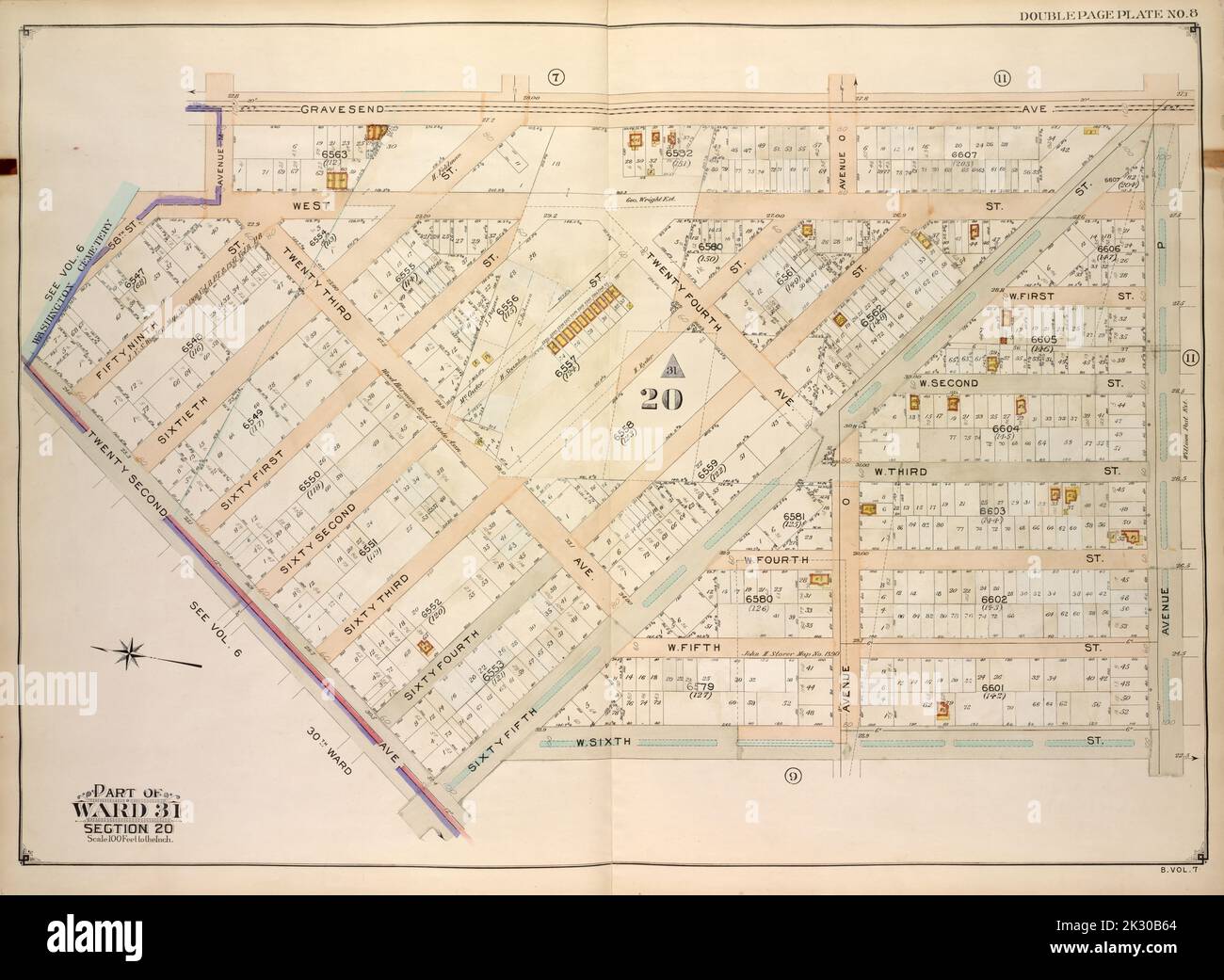E.B. Hyde & Co. Kartografisch, Karten. 1907. Lionel Pincus und Prinzessin Firyal Map Division. Brooklyn (New York, New York) , Maps, Immobilien , New York (Staat) , New York Brooklyn, Vol. 7, Doppelseitenplatte Nr. 8; Teil von ward 31, Abschnitt 20; Karte begrenzt durch Gravesend Ave., Avenue P, W. 6. St.; einschließlich 65. St., 32. St., 58. St., Avenue M Stockfoto