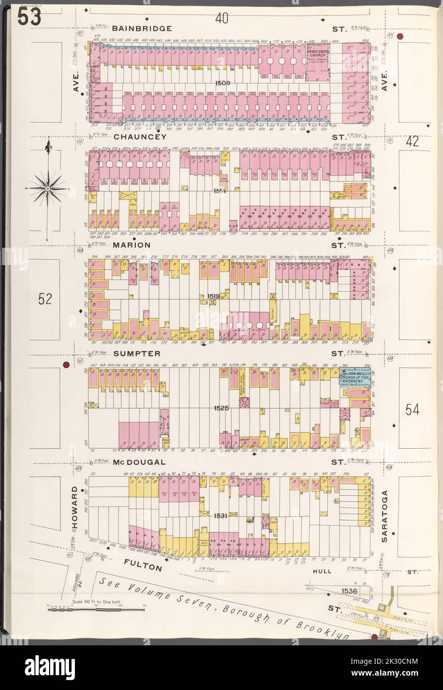 Kartografisch, Karten. 1884 - 1936. Lionel Pincus und Princess Firyal Map Division. Feuerversicherung , New York (Staat), Immobilien , New York (Staat), Städte und Orte , New York (Staat) Brooklyn V. 5, Plate No. 53 Karte begrenzt durch Bainbridge St., Saratoga Ave., Fulton St., Howard Ave. Stockfoto