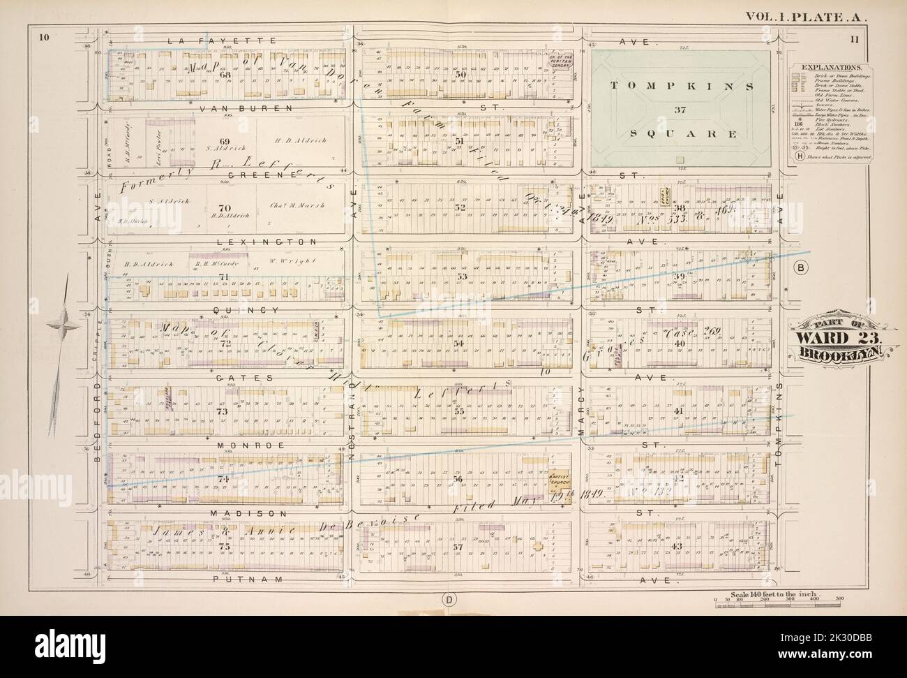 Kartografisch, Karten. 1880. Lionel Pincus und Prinzessin Firyal Map Division. Brooklyn (New York, N.Y.), Immobilien , New York (Bundesstaat) , New York Vol. 1. Plate, A. Karte begrenzt durch Lafayette Ave., Tompkins Ave., Putnam Ave., Bedford Ave.; einschließlich Van Buren St., Greene St., Lexington Ave., Quincy St., Gates Ave., Monroe St., Madison St., Nostrand Ave., Marcy Ave Stockfoto