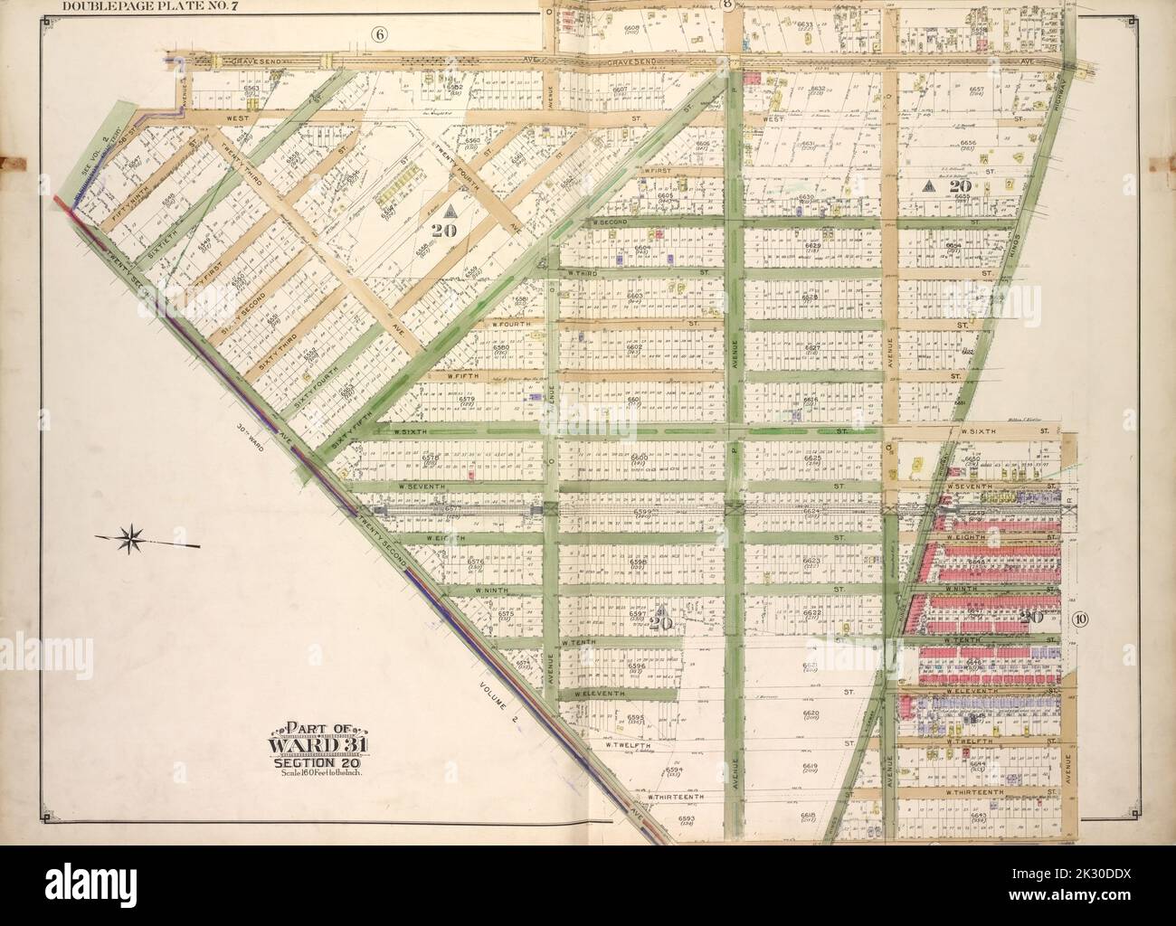 E.B. Hyde & Co. Kartografisch, Karten. 1916 - 1920. Lionel Pincus und Princess Firyal Map Division. Brooklyn (New York, N.Y.), Immobilien , New York (Bundesstaat) , New York Brooklyn, Vol. 3, Doppelseitenplatte Nr. 7; Teil von ward 31, Abschnitt 20; Karte begrenzt durch Gravesend Ave., Kings Highway, W. 6. St.; einschließlich Avenue R, 22. Ave., 58. St., Avenue M Stockfoto