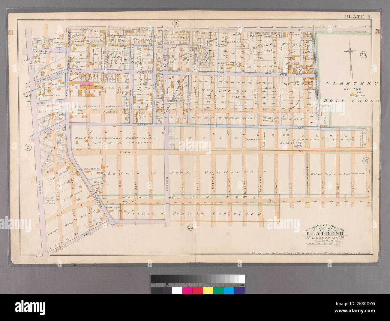 F. Bourquin & Co. Kartografisch, Karten. 1890. Lionel Pincus und Prinzessin Firyal Map Division. Brooklyn (New York, N.Y.), Immobilien , New York (Bundesstaat) , New York Plate 3: Begrenzt durch Grant Street, Clove Drive (Friedhof des Heiligen Kreuzes), Canarsie Lane, E. 40. Street, Avenue D, Rogers Street, Newkirk Avenue, Ocean Avenue, Avenue A und Flatbush Avenue. Teil der Stadt Flatbush, Kings Co., N.Y. Stockfoto