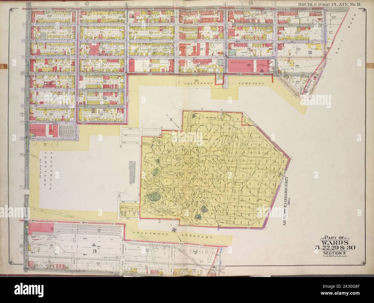 E.B. Hyde & Co. Kartografisch, Karten. 1916. Lionel Pincus und Prinzessin Firyal Map Division. Brooklyn (New York, N.Y.), Immobilien , New York (Bundesstaat) , New York Brooklyn, Vol. 1, Double Page Plate No. 11; Part of Wards 8, 22, 29 & 30, Sektion 3; Karte begrenzt durch Prospect Ave., 11. Ave., Terrace Pl., Gravesend Ave., 20. St.; Einschließlich 7. Ave., 23. St., 6. Ave., 24. St., 5. Ave.; und Karte begrenzt durch 36. St., 7. Ave., 37. Ave.; einschließlich 9. Ave., 39. St., 5. Ave.; Subplan-Karte begrenzt durch 20. St., Gravesend Ave., Fort Hamilton, 37. St., 7. Ave, 36. St., 4. Ave.; einschließlich 34. St., Stockfoto