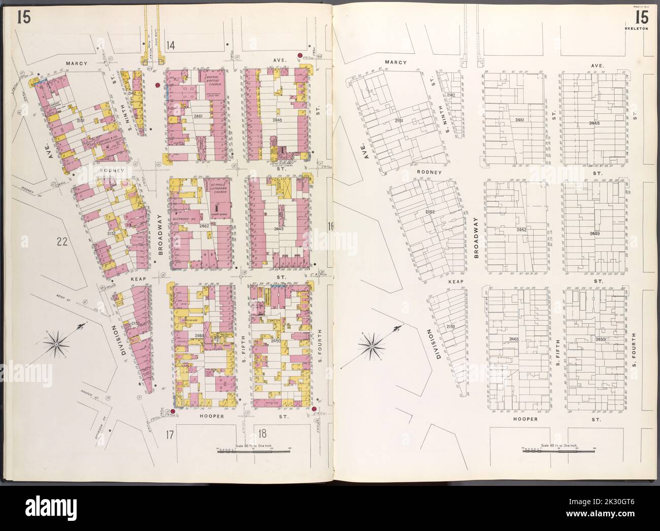 Kartografisch, Karten. 1884 - 1936. Lionel Pincus und Princess Firyal Map Division. Feuerversicherung , New York (Staat), Immobilien , New York (Staat), Städte & Orte , New York (Staat) Brooklyn V. 3, Plate No. 15 Karte begrenzt durch Marcy Ave., S.4. St., Hooper St., Division Ave. Stockfoto