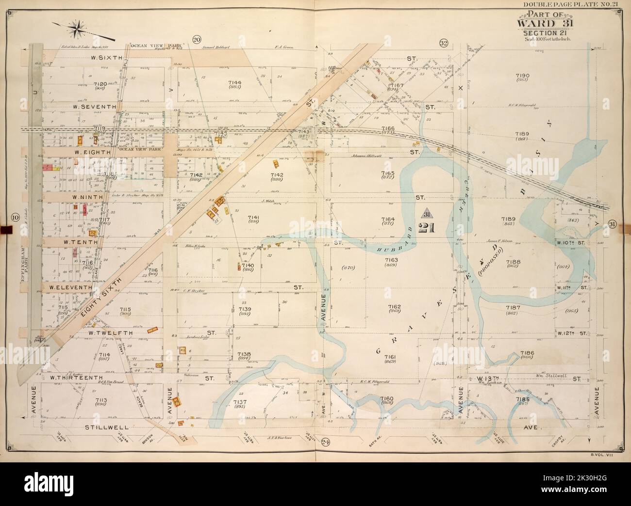 E.B. Hyde & Co. Kartografisch, Karten. 1907. Lionel Pincus und Prinzessin Firyal Map Division. Brooklyn (New York, New York) , Maps, Immobilien , New York (Bundesstaat) , New York Brooklyn, Vol. 7, Doppelseitenplatte Nr. 21; Teil von ward 31, Abschnitt 21; Karte begrenzt durch W. 6. St., Avenue Y; einschließlich Stillwell Ave., Avenue U Stockfoto