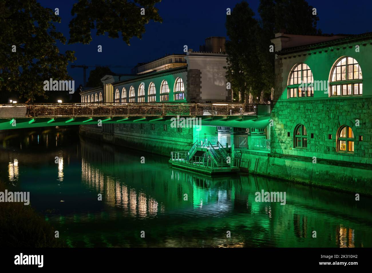 Slowenien, Ljubljana, Metzgerbrücke und Plecnik-Arkaden bei Nacht Stockfoto