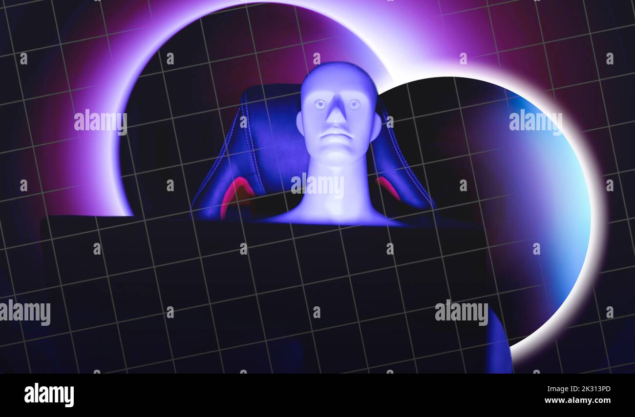 Digital generiertes Bild des Roboters vor glühenden Kugeln Stockfoto