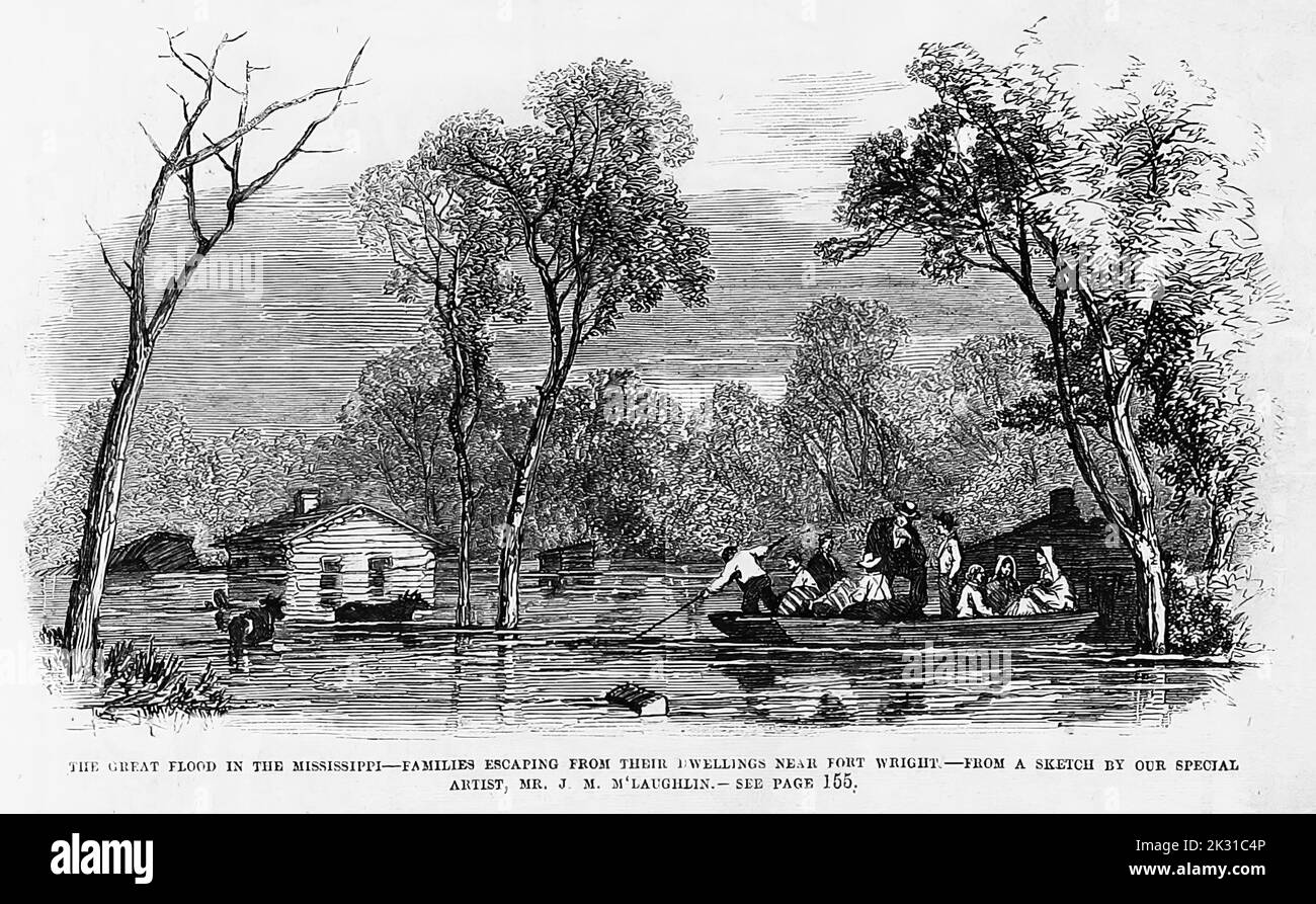 Die große Sintflut im Mississippi - Familien, die aus ihren Wohnungen in der Nähe von Fort Wright fliehen. Mai 1862. Illustration des amerikanischen Bürgerkriegs des 19.. Jahrhunderts aus Frank Leslie's Illustrated Newspaper Stockfoto