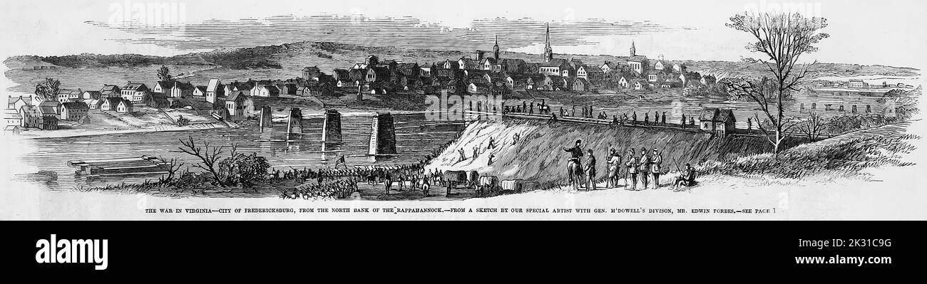 Der Krieg in Virginia - Stadt Fredericksburg, vom Nordufer des Rappahannock. Mai 1862. Illustration des amerikanischen Bürgerkriegs des 19.. Jahrhunderts aus Frank Leslie's Illustrated Newspaper Stockfoto