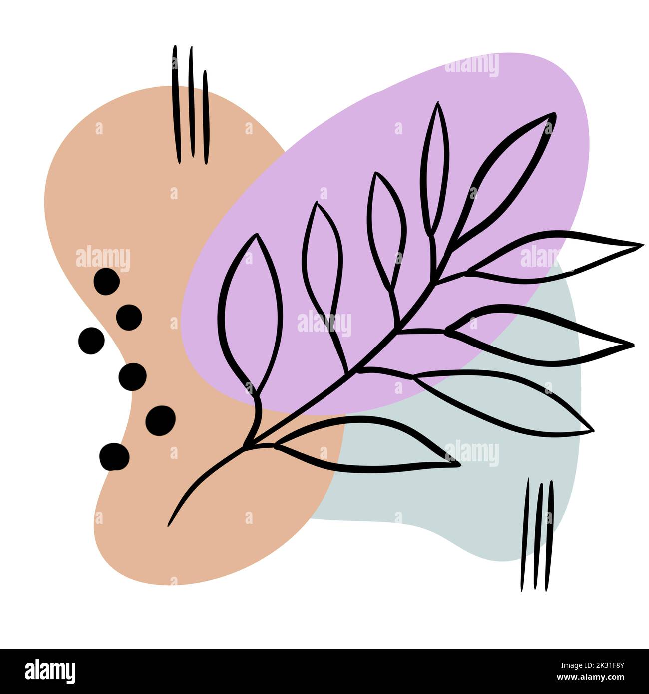 Handgezeichnete moderne trendige Illustration abstrakter geometrischer Formen und Monstera-Blätter. Violett beige Minze Hintergrund Poster-Karte, Design für Social Media. Pastelldruck Stockfoto