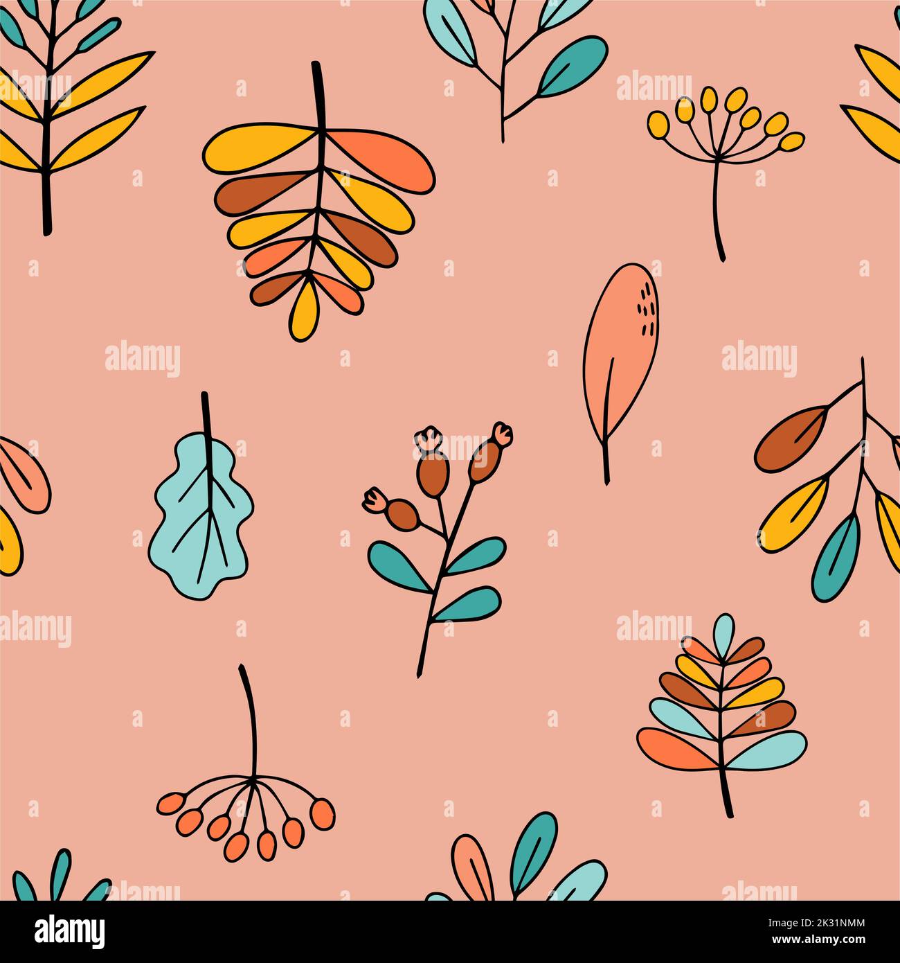 Farbenfrohe Herbstblätter auf einem nahtlosen orangefarbenen Hintergrund. Hallo, Herbst. Für Textil, Hintergrund oder Bildschirmschoner. Vektorgrafik im Doodle-Stil Stock Vektor