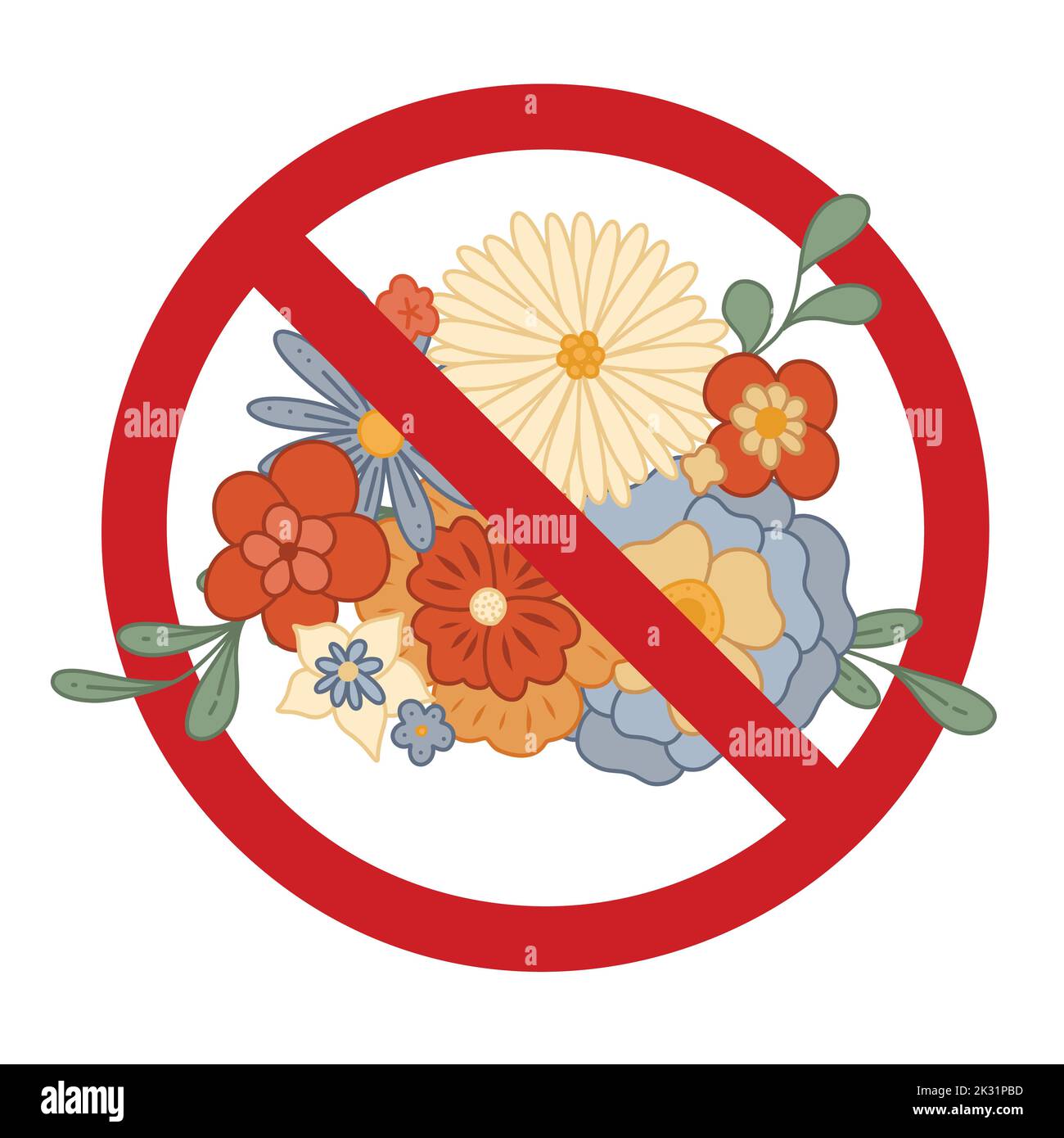 Vektor-Verbotsschild mit Blumenstrauß. Pflücken Sie keine seltenen Blumen. Rotes Verbotenes Schild mit groovigen Blumen. Allergiegefahr. Verbot von Blumenstrauß. Stock Vektor