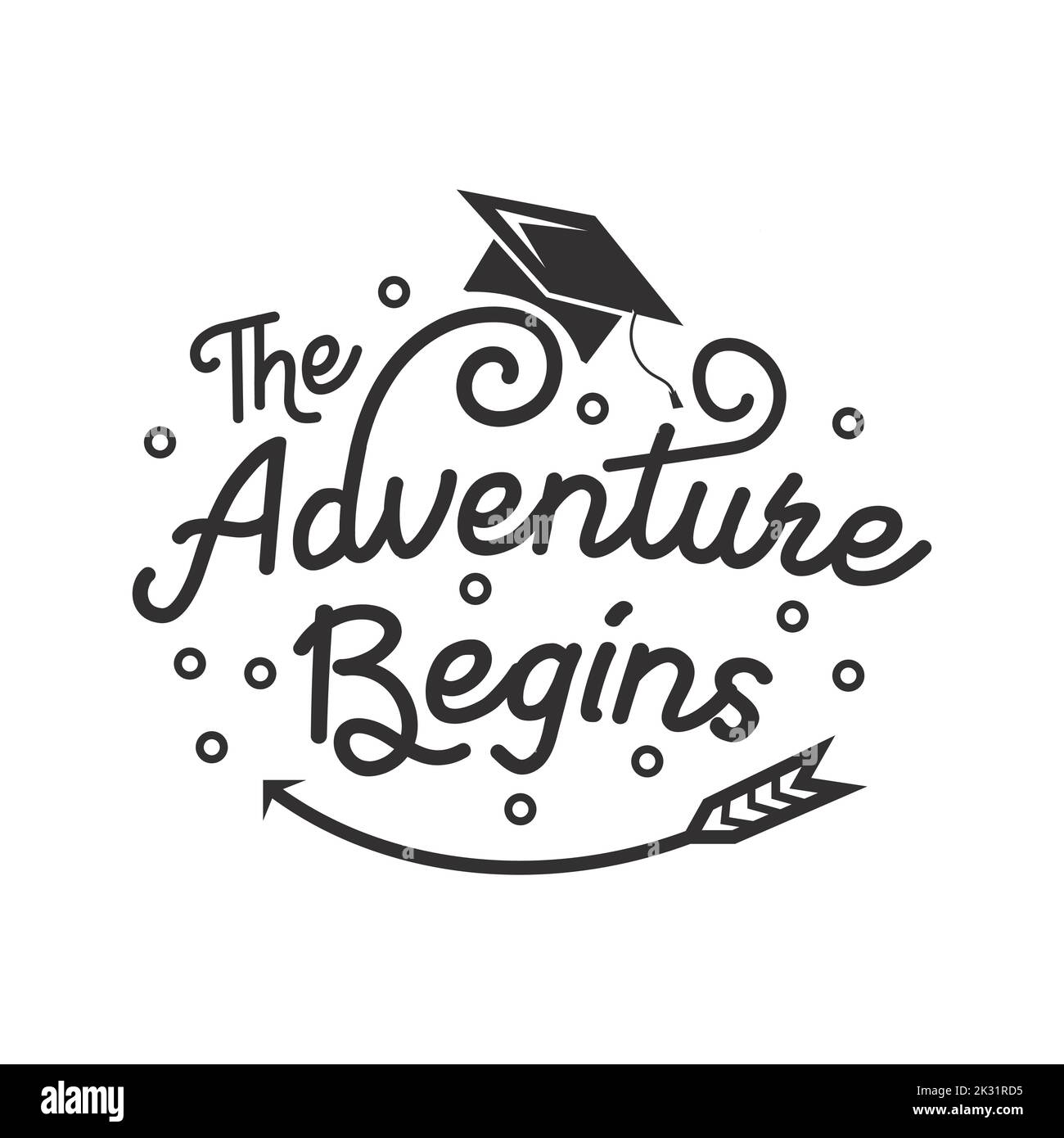 Abenteuer beginnt, Typografie, Toga-Element-Illustration, Abschluss, Souvenir-Ideen, Pfeile, Vektordesign-Vorlage Stock Vektor