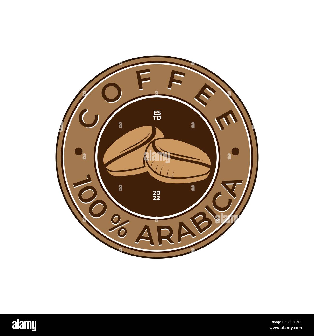 Kaffee-Logo, 100 % Emblem. Kaffeebohnen mit Buchstaben in runden Abzeichen, Emblem, Schablone, Vektor Stock Vektor