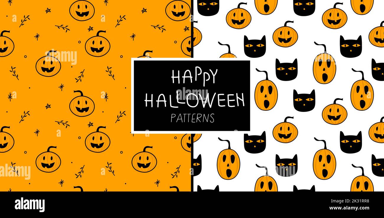Halloween Set nahtloses Muster mit Kürbis und Katze. Gruselige Vektorgrafik am 31. Oktober. Stock Vektor
