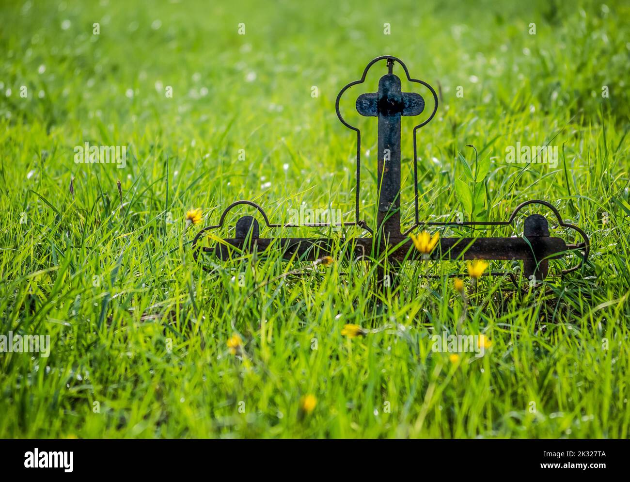 Grabsteine auf dem alten Friedhof. Ein mit Gras bewachsenes Grabsteinkreuz aus Metall in einem alten Friedhof. Stockfoto