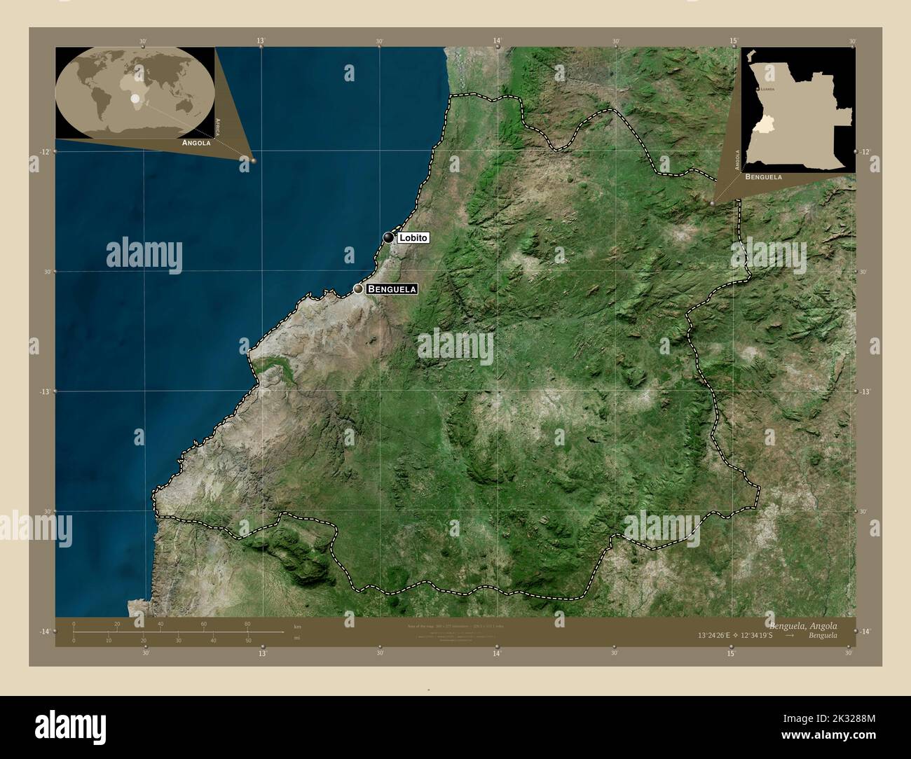 Benguela, Provinz Angola. Hochauflösende Satellitenkarte. Orte und ...