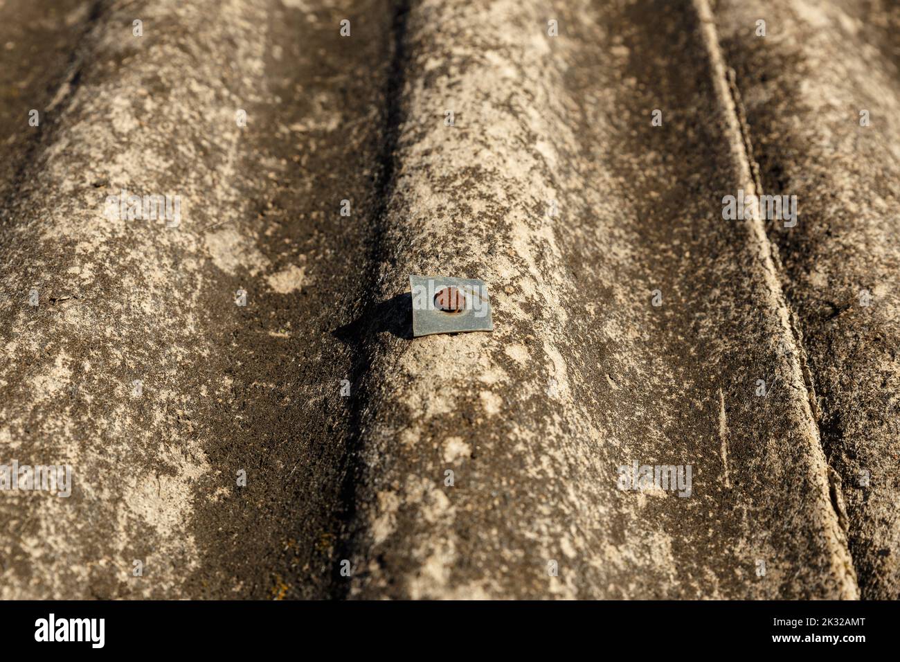 Ein rostiger Nagel mit einer Metalldichtung auf einem Schieferdach. Textur von welligem altem Dachschiefer Stockfoto