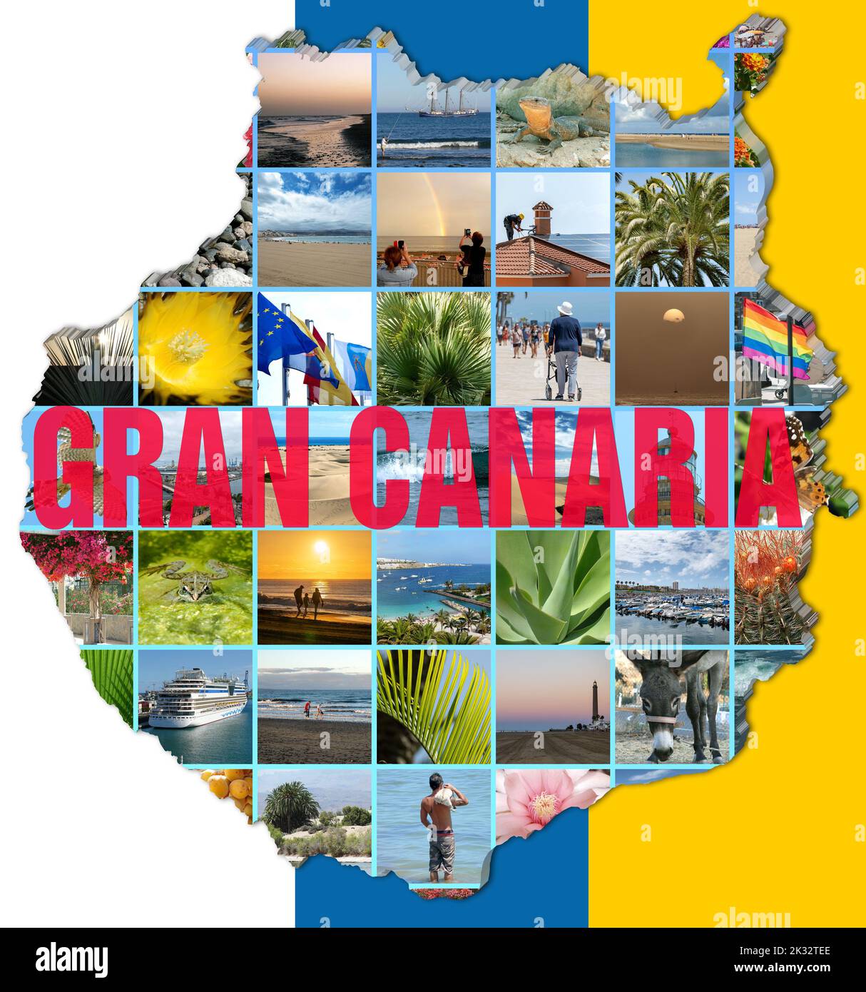 Collage aus Fotos von Gran Canaria auf Kartenansicht von Gran Canaria, mit Farben der kanarischen Flagge als Hintergrund. Mit „Gran Canaria“-Text. Stockfoto