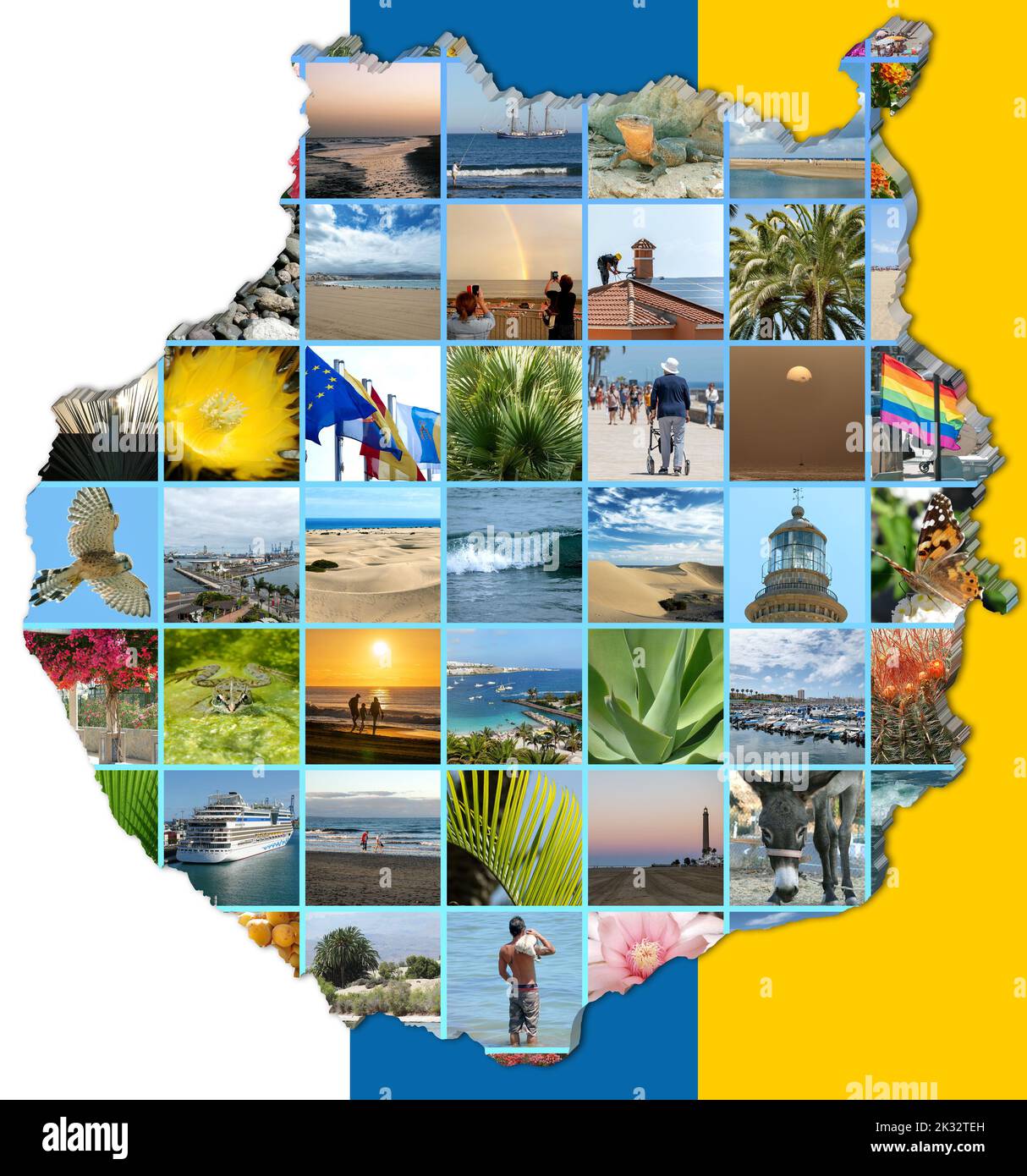 Collage aus Fotos von Gran Canaria auf Kartenansicht von Gran Canaria, mit Farben der kanarischen Flagge als Hintergrund. Stockfoto