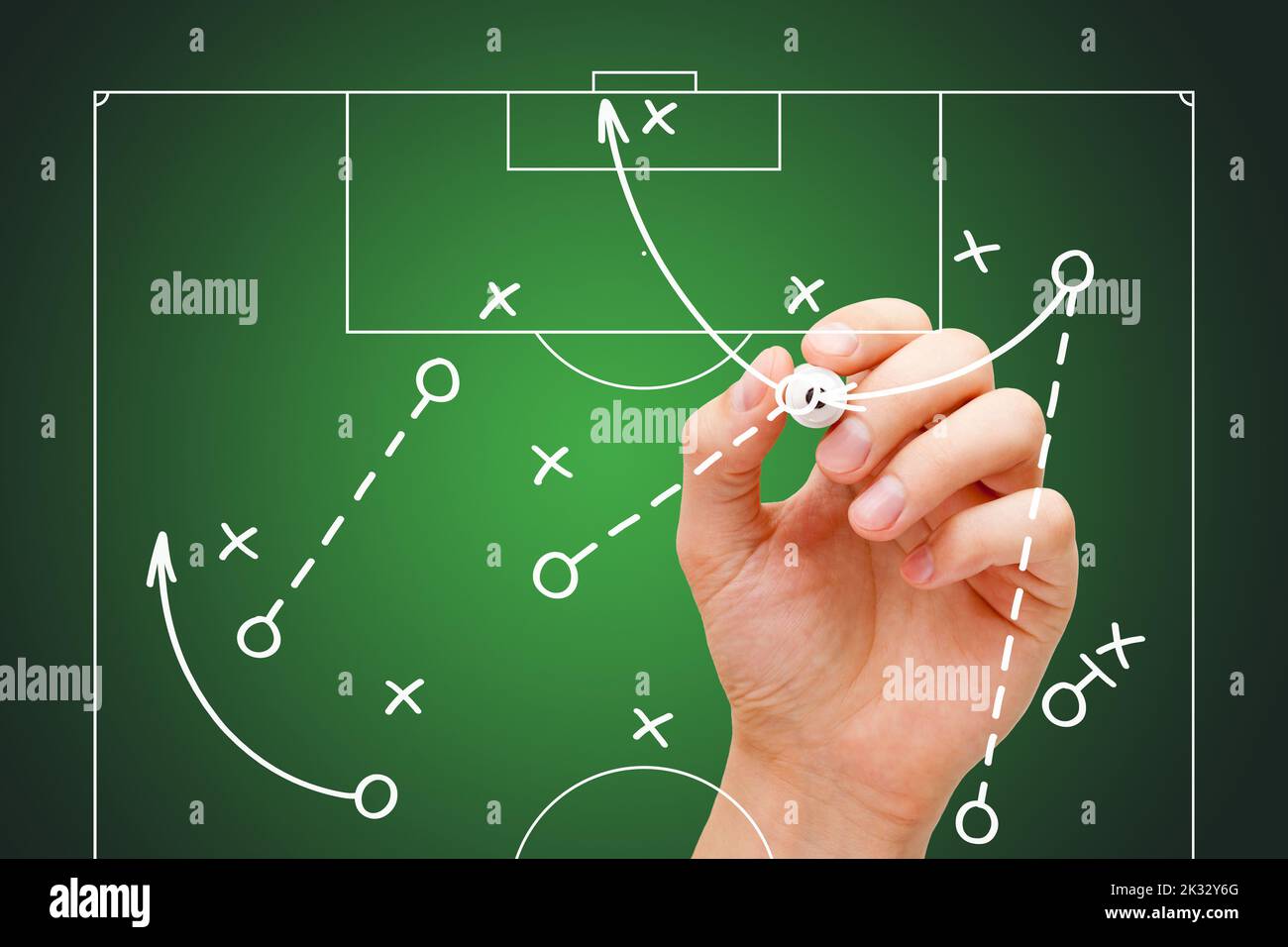 Fußball-Trainer Zeichnung Spiel Spielbuch, Strategie und Taktik mit weißem Marker auf transparentem Wipe Board. Stockfoto