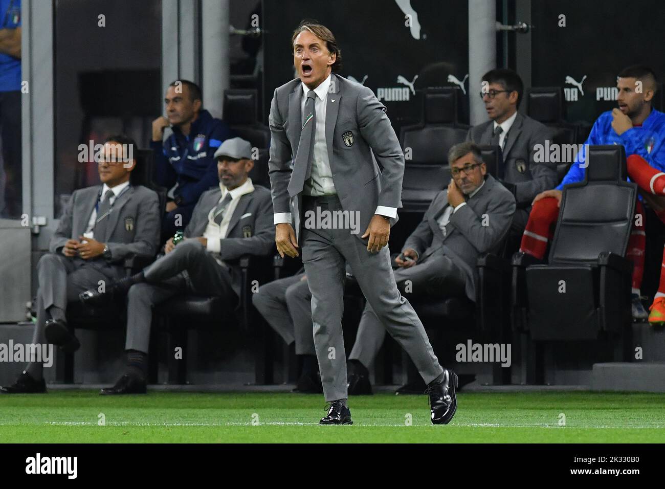 Mailand, Italien. 23. September 2022. Italien Trainer Roberto Mancini während des Spiels der Europäischen Nations League 2022 Italien-England Giuseppe Meazza Stadion in Mailand, Italien, 23.. September 2022 (Kredit Foto AllShotLive/ Kredit: SIPA USA/Alamy Live News Stockfoto